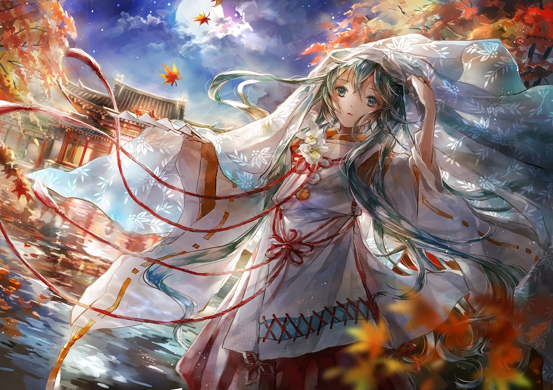aliasing, autumn, clouds, fan, green_eyes, green_hair, hatsune_miku, japanese_clothes