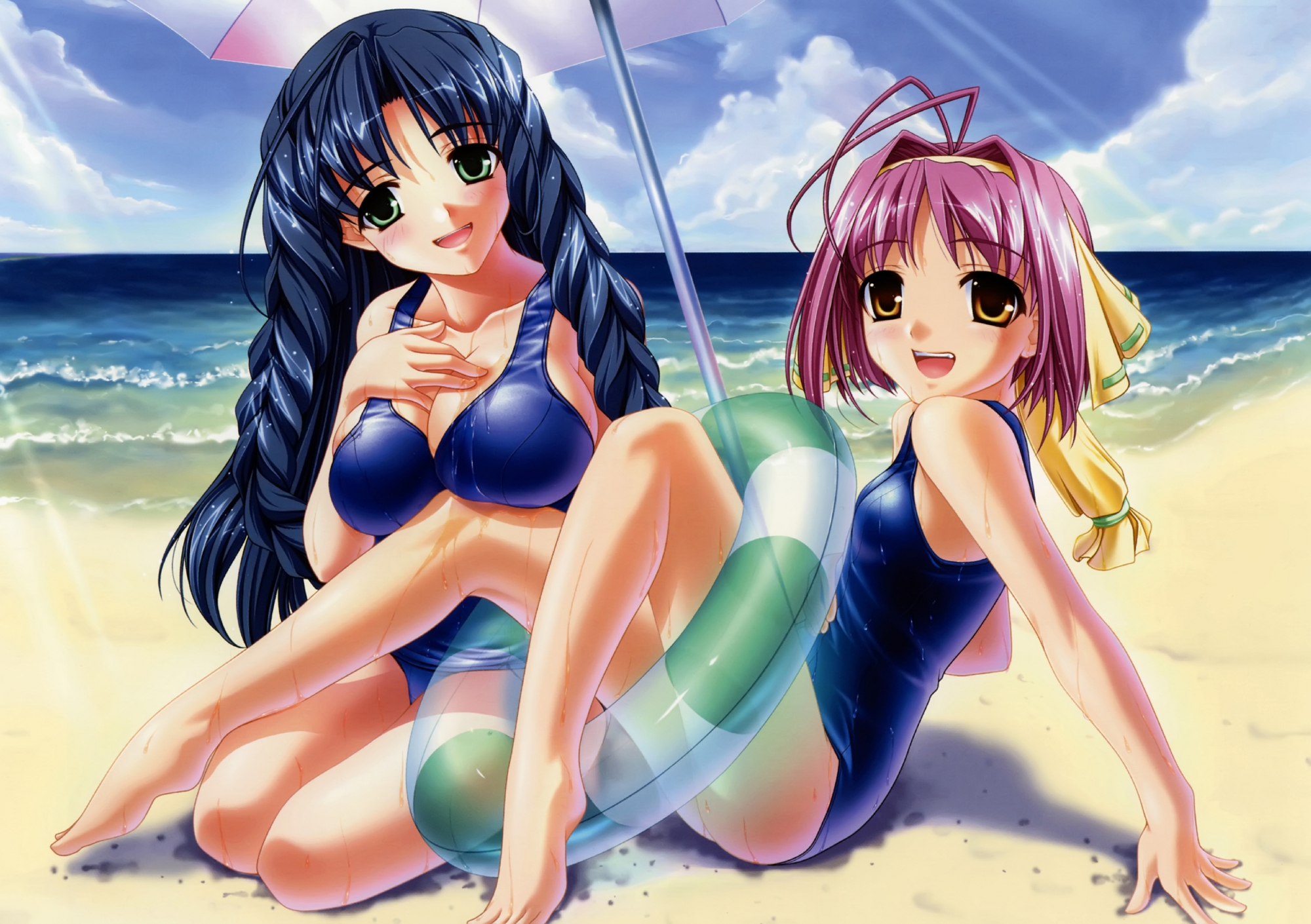2girls, barefoot, beach, blue_hair, braids, breasts, cleavage, green_eyes