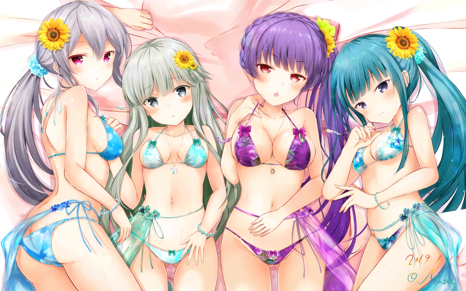bikini, chiyoura_ayame, girlfriend_(kari), group, kagurazaka_saya, masa_(mirage77), masaoka_mai, shigetou_akiho, signed, swimsuit