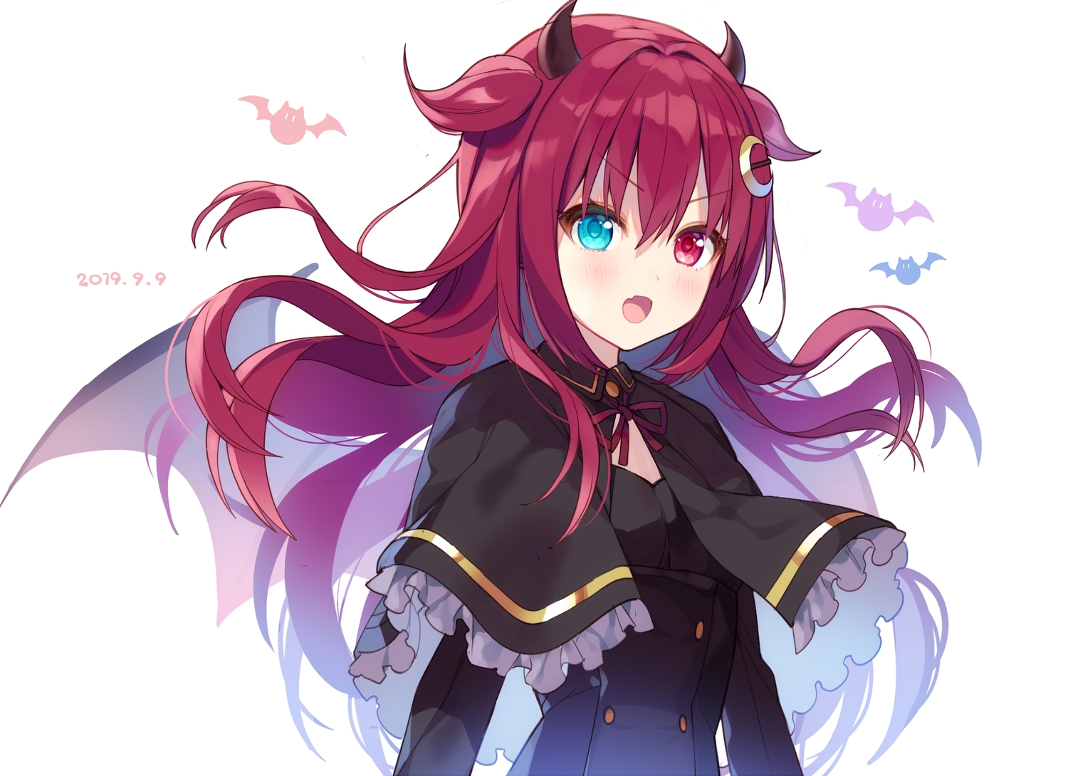 bicolored_eyes, blush, cape, demon, fang, flat_chest, horns, long_hair, mayachi_(amuriya), nijisanji, red_hair, waifu2x, white, wings, yuzuki_roa
