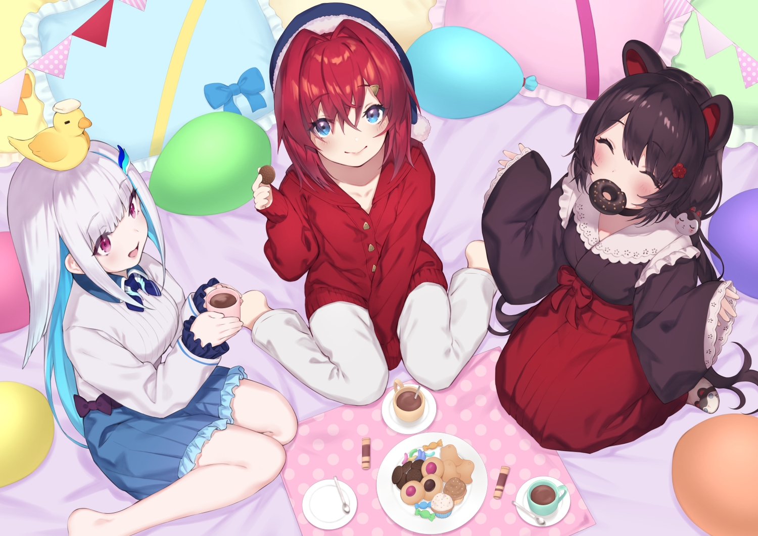 ange_katrina, animal_ears, aqua_eyes, barefoot, bed, black_hair, blush, doggirl, drink, fang, food, hat, inui_toko, japanese_clothes, lize_helesta, long_hair, maid, nijisanji, pokachu, purple_eyes, red_hair, rubber_duck, sebastian_piyodore, shirt, short_hair, skirt, white_hair