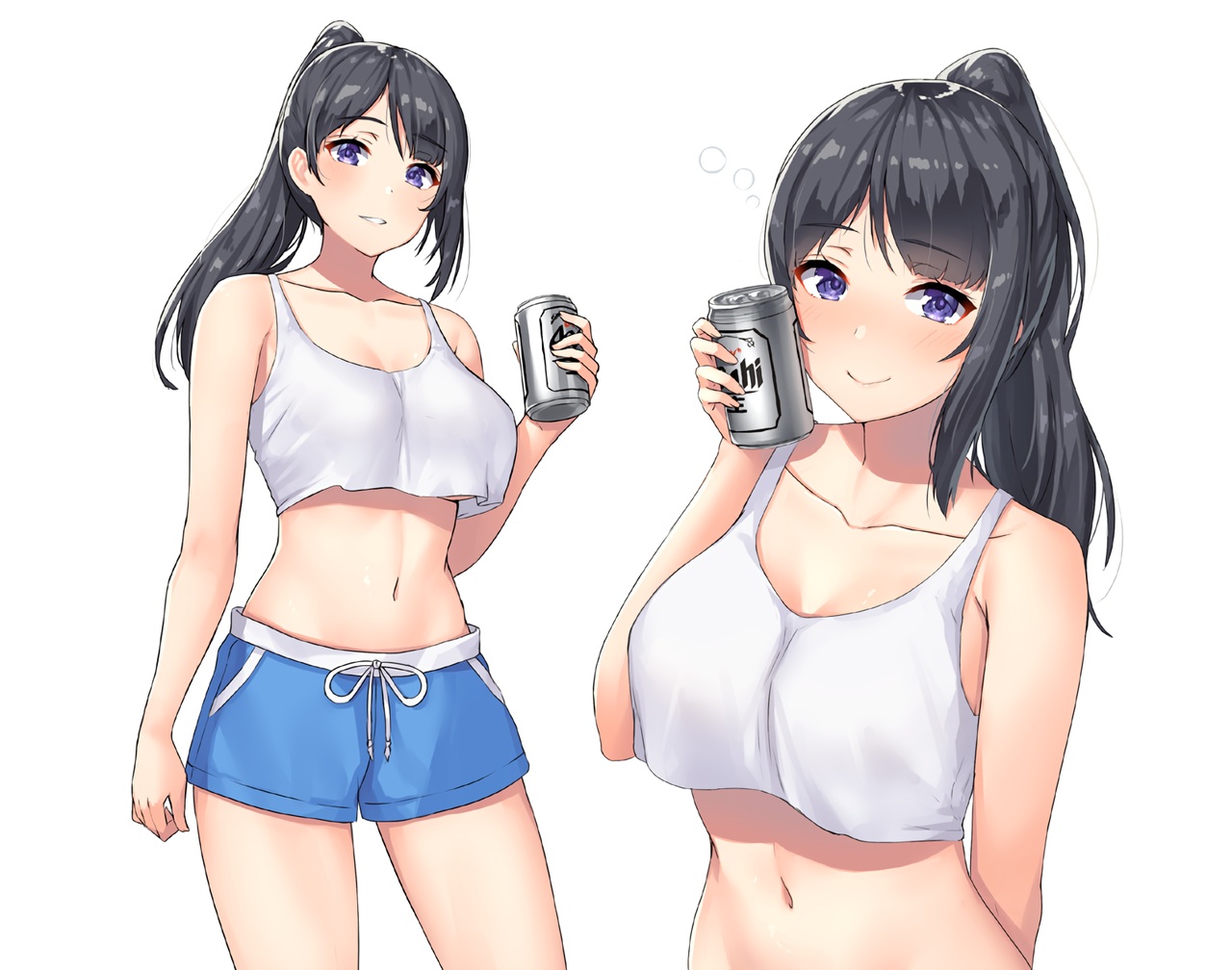 black_hair, blush, breasts, cropped, drink, long_hair, navel, original