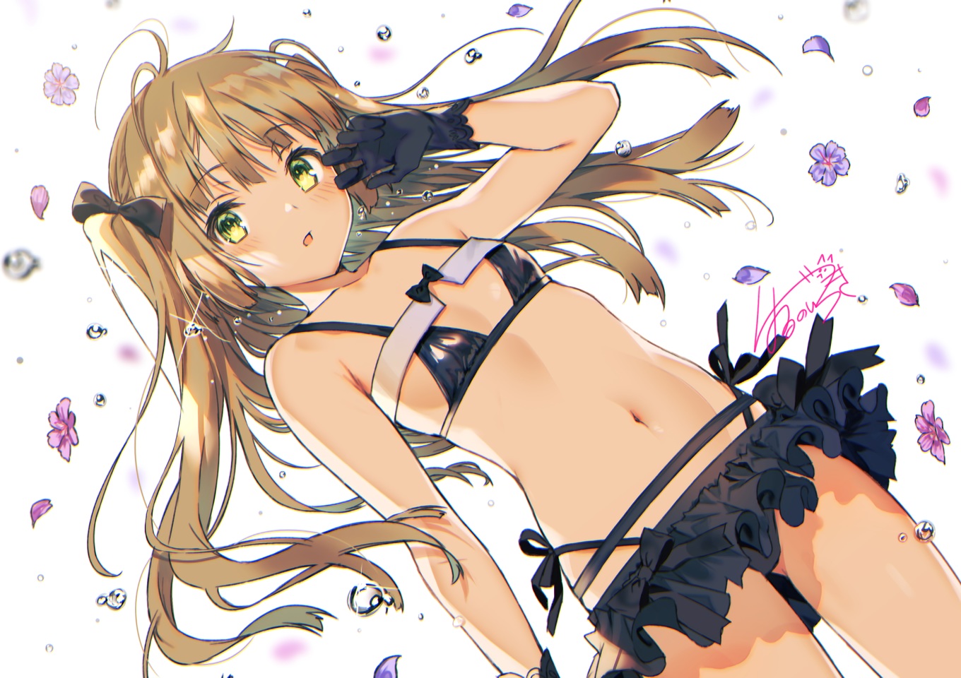 bikini, blush, bow, brown_hair, flowers, gloves, green_eyes, harunoibuki, long_hair, navel, original, ribbons, signed, swimsuit, twintails, waifu2x, water