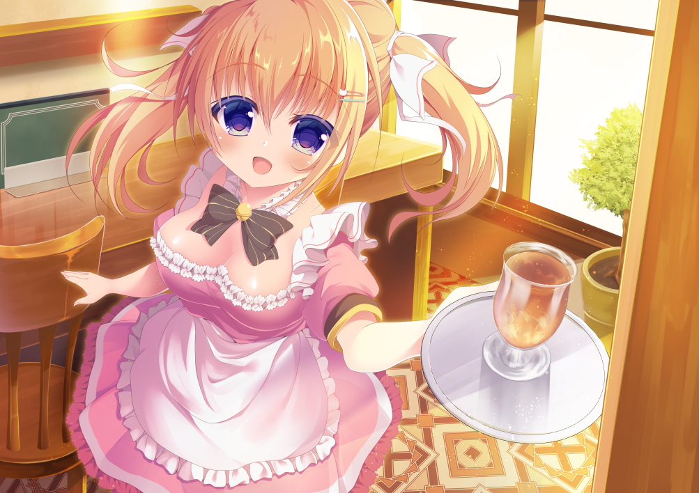 aliasing, ameno_ame, apron, breasts, cleavage, drink, maid, no_bra, orange_hair, original, purple_eyes, short_hair, twintails, waitress