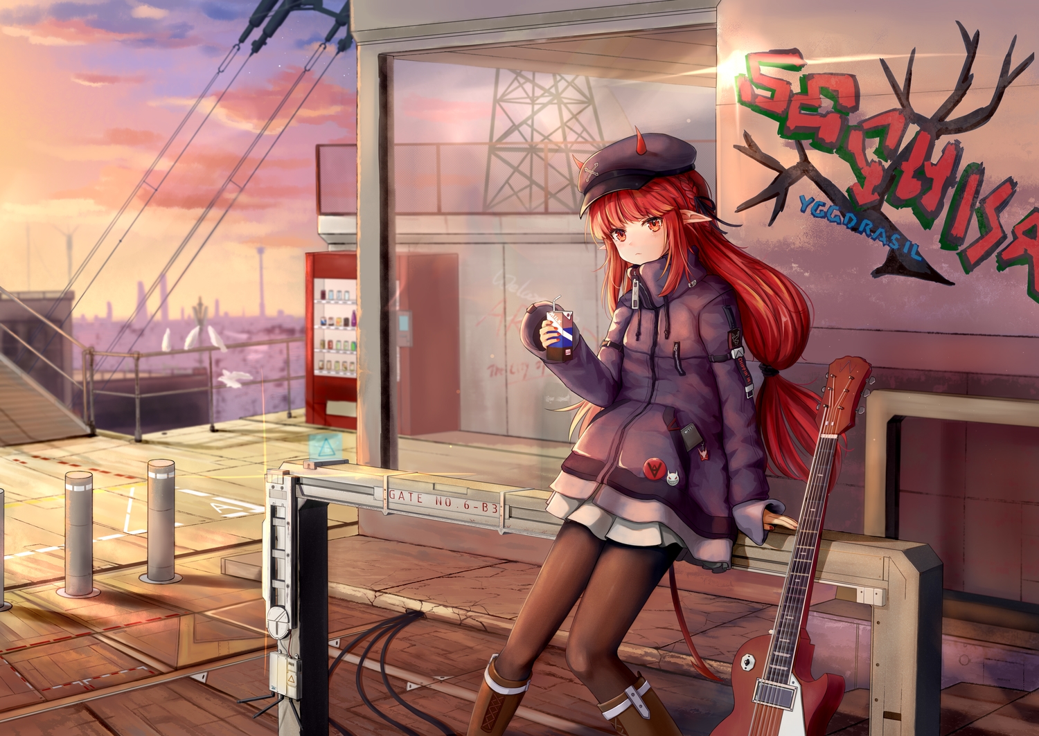 arknights, boots, braids, clouds, demon, drink, graffiti, guitar