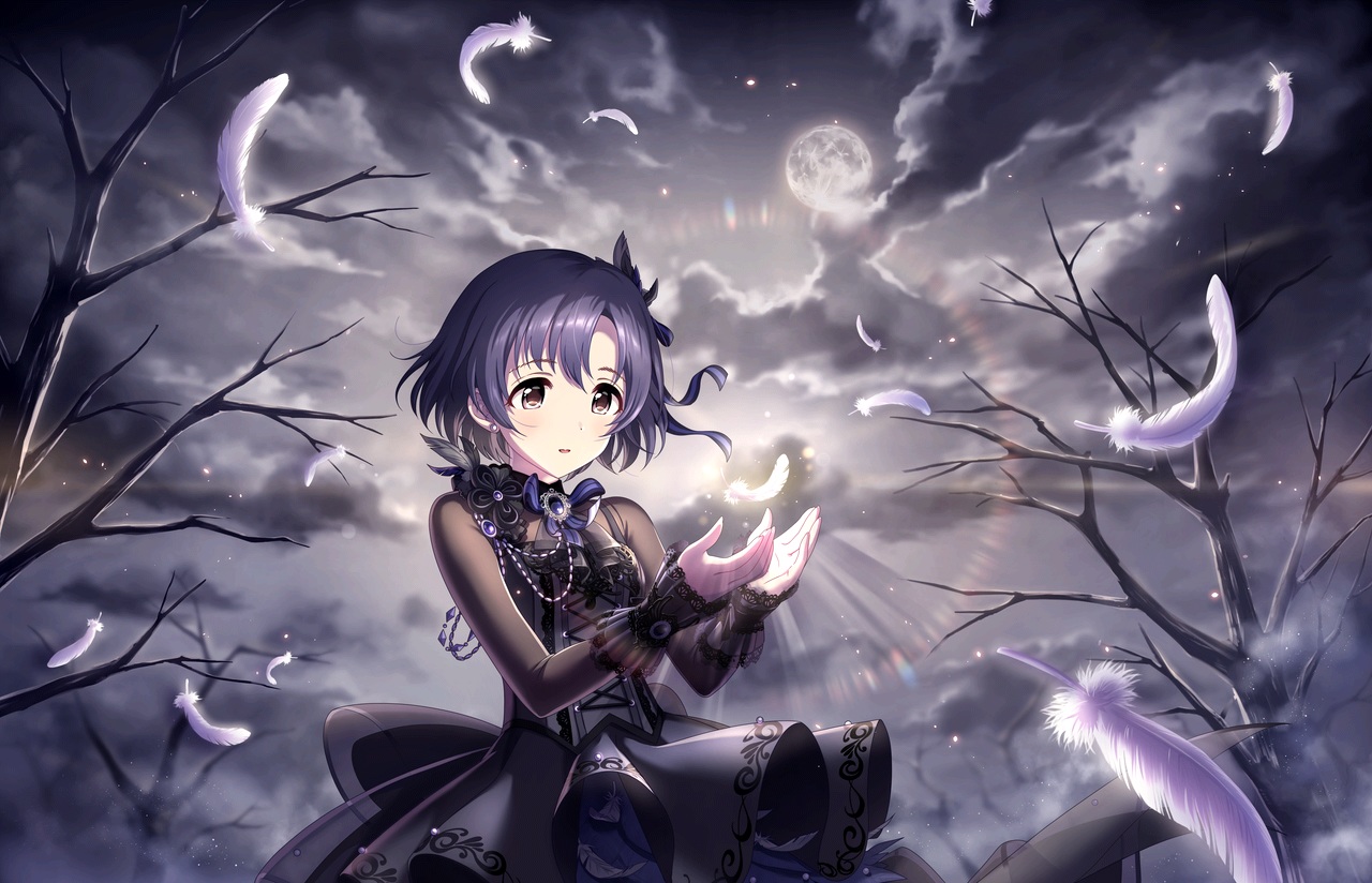annin_doufu, blue_hair, dress, feathers, goth-loli, idolmaster, idolmaster_cinderella_girls, idolmaster_cinderella_girls_starlight_stage, lolita_fashion, moon, night, shiragiku_hotaru, short_hair, tree, yellow_eyes