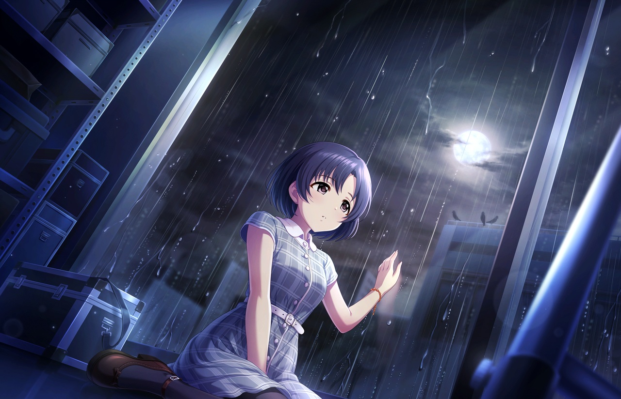 annin_doufu, blue_hair, building, city, clouds, dress, idolmaster, idolmaster_cinderella_girls