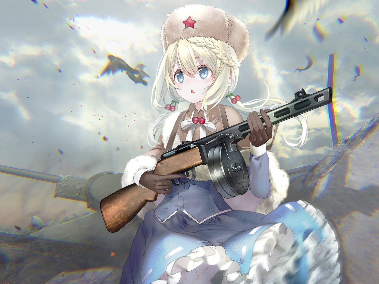 anthropomorphism, blonde_hair, blue_eyes, girls_frontline, gun, hat, long_hair, pottsness, ppsh-41_(girls_frontline), weapon