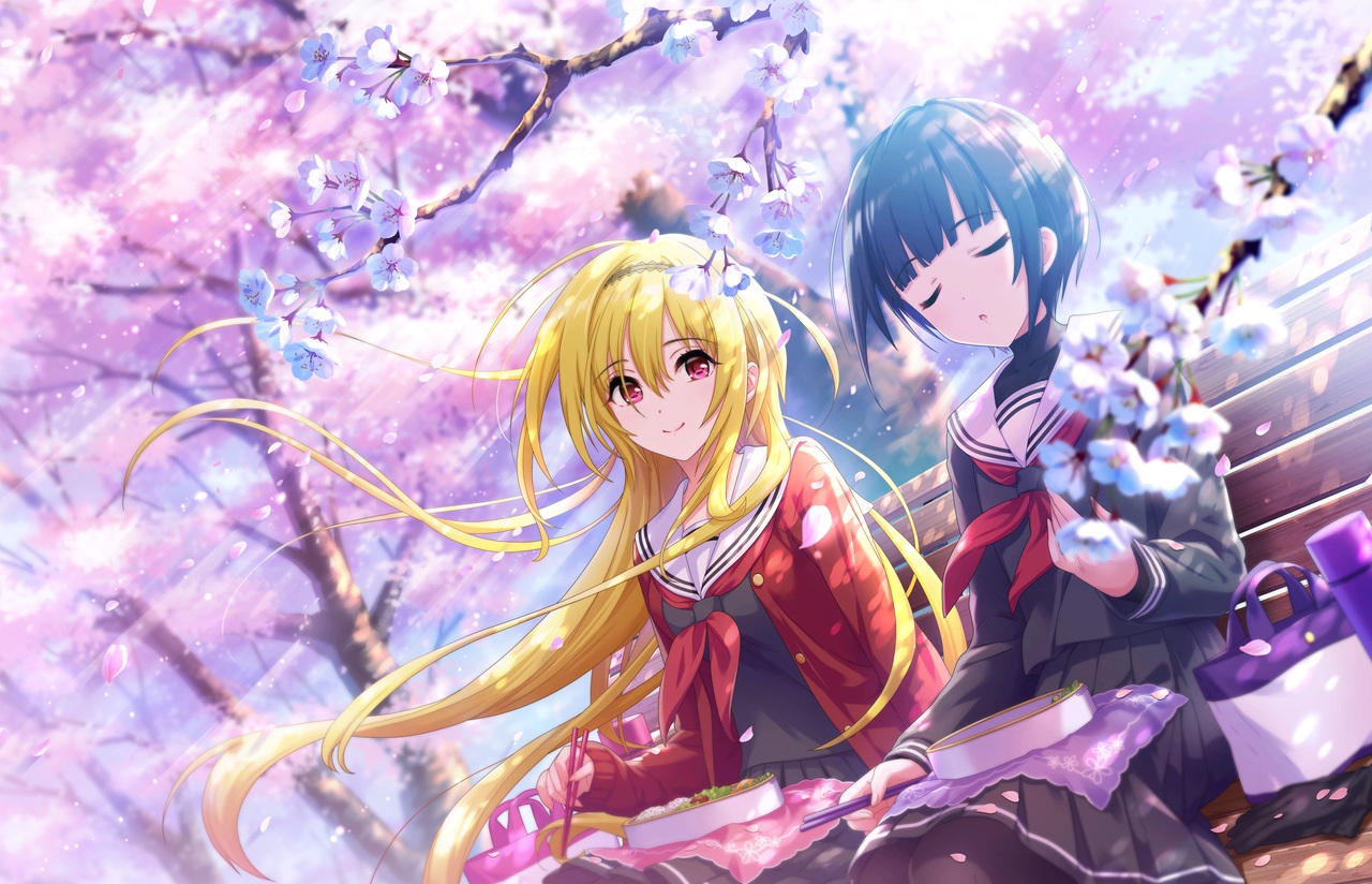2girls, annin_doufu, blonde_hair, blue_hair, cherry_blossoms, flowers, food, headband