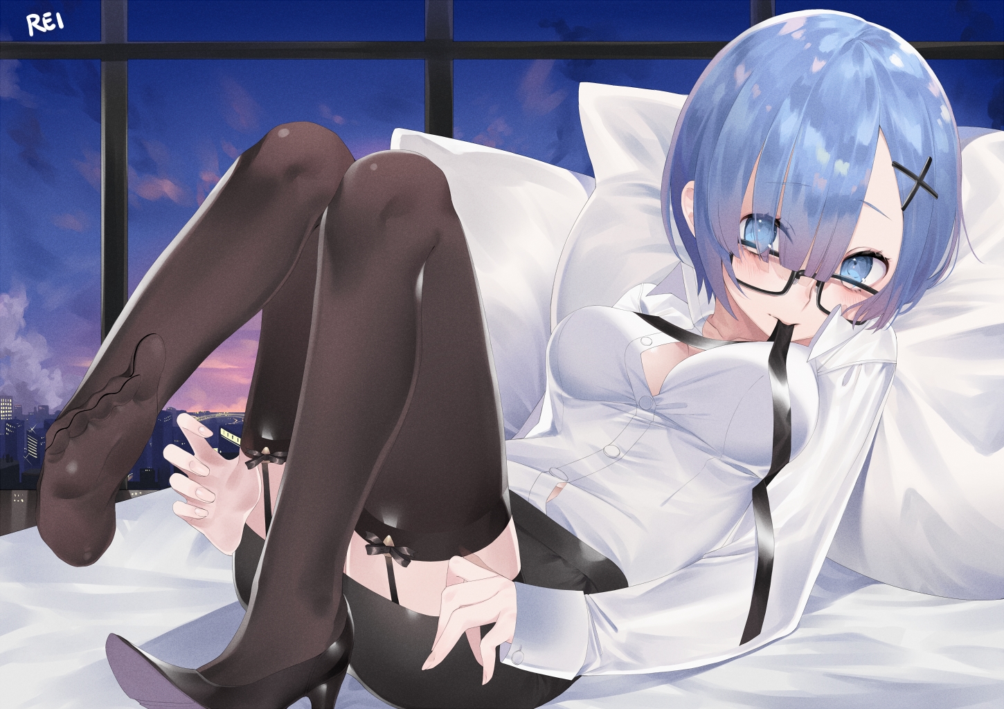 aliasing, bed, blue_eyes, blue_hair, garter_belt, glasses, ichinosenen, rem_(re:zero)