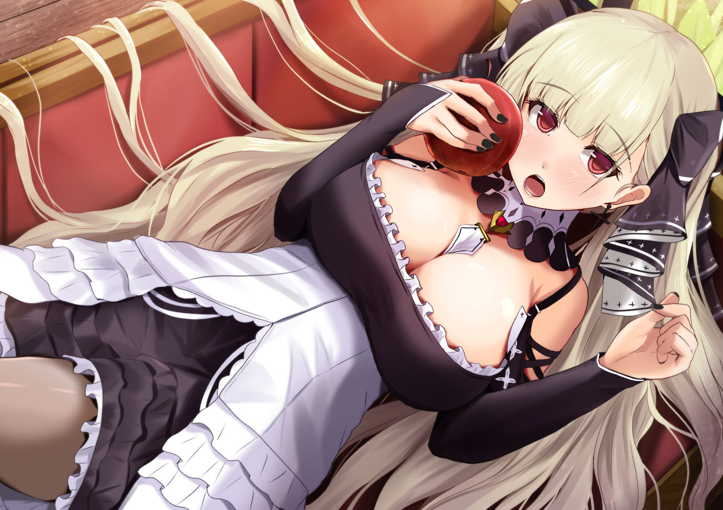 anthropomorphism, apple, azur_lane, breasts, cleavage, couch, food, formidable_(azur_lane)
