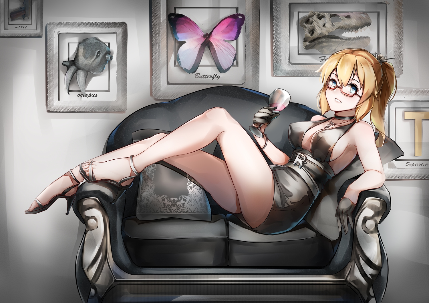 anthropomorphism, aqua_eyes, blonde_hair, breasts, choker, cleavage, dress, drink, erect_nipples, glasses, gloves, lubikaya1, necklace, ponytail, sideboob, tagme_(character), zhanjian_shaonu