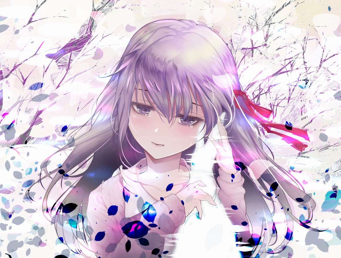 crying, fate_(series), fate/stay_night, long_hair, matou_sakura, modern_afro, petals, purple_eyes