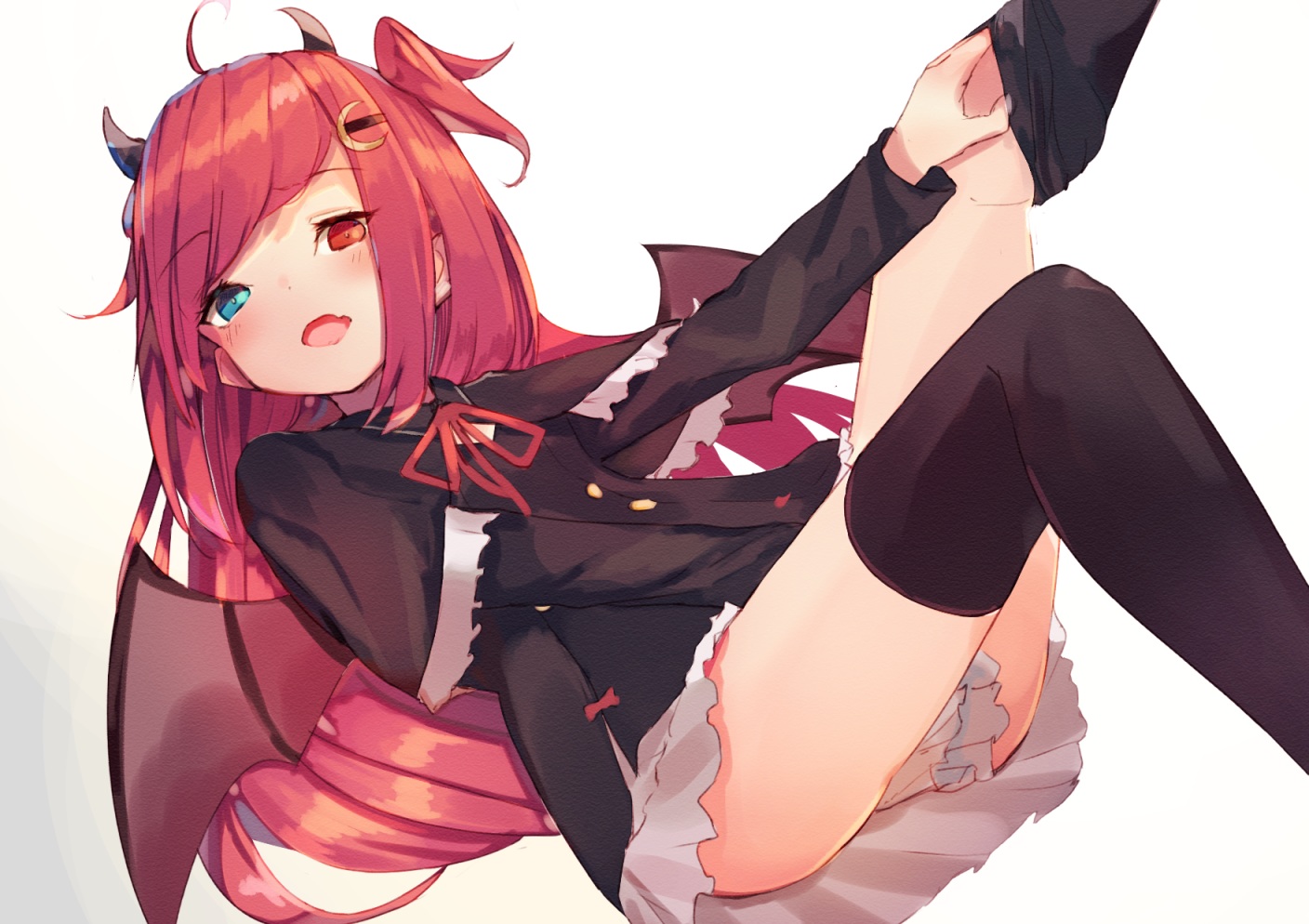 bicolored_eyes, blush, demon, dress, fang, gradient, horns, long_hair