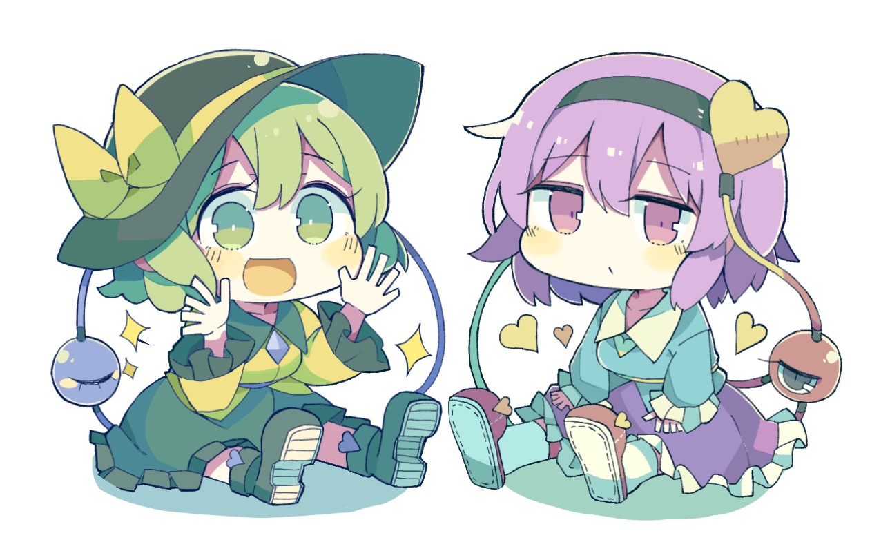 2girls, baron_(x5qgeh), blush, chibi, green_eyes, green_hair, hat, headband, heart, komeiji_koishi, komeiji_satori, purple_eyes, purple_hair, short_hair, touhou, white