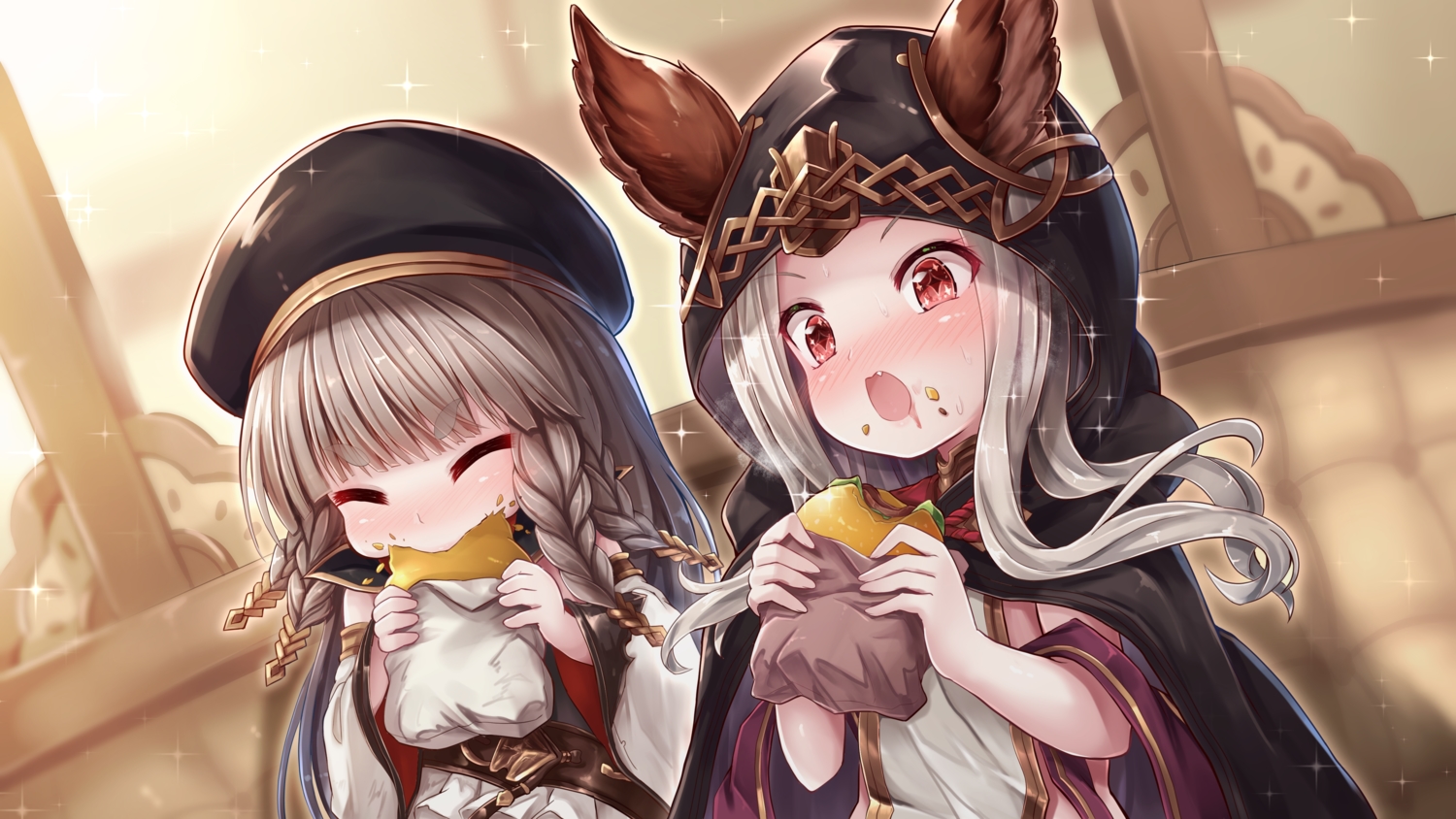 2girls, animal_ears, blush, braids, cape, fang, food, granblue_fantasy, gray_hair, hat, hood, loli, long_hair, pholia_(granblue_fantasy), red_eyes, scathacha_(granblue_fantasy), sorairo_len