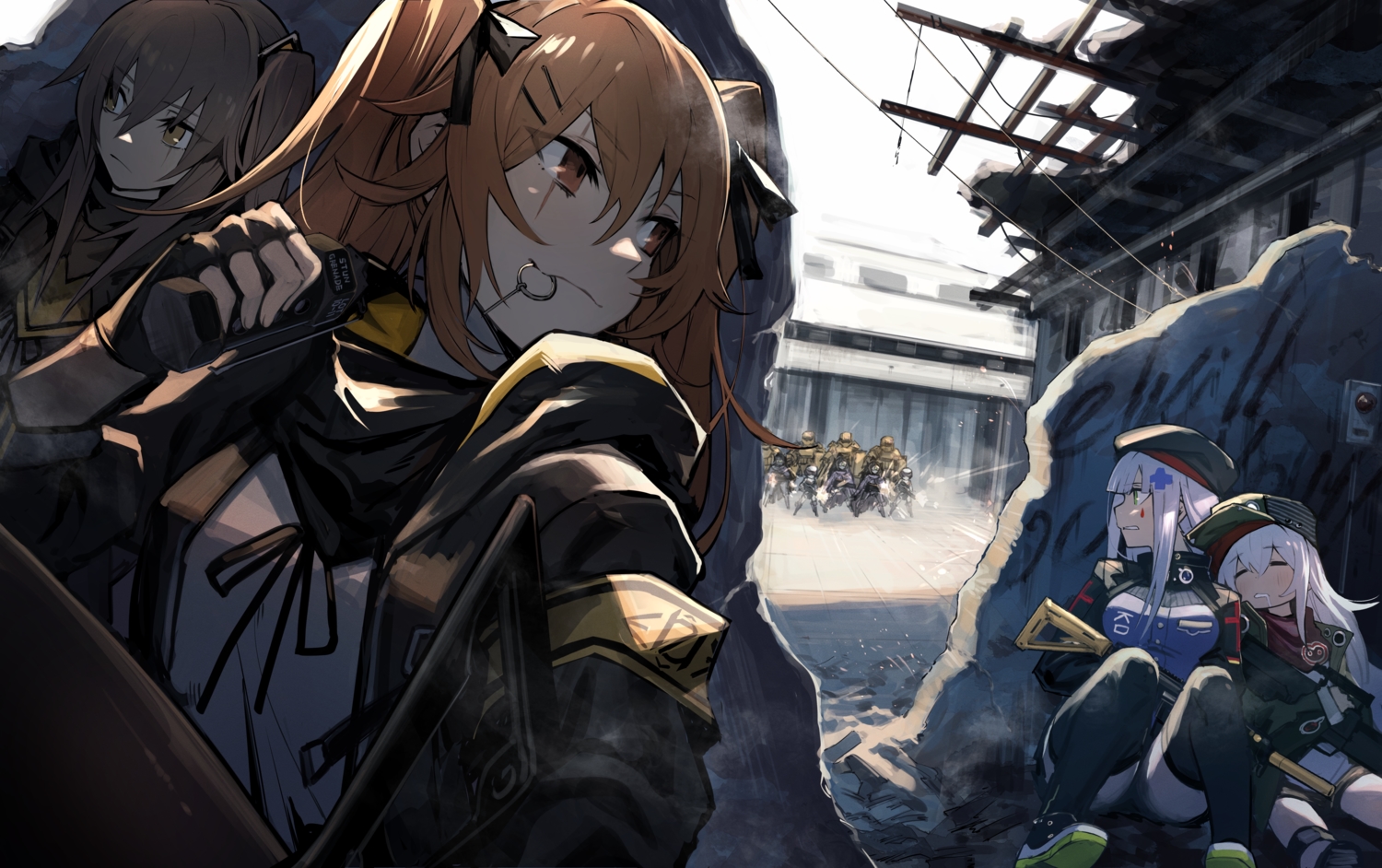 anthropomorphism, brown_eyes, brown_hair, g11_(girls_frontline), girls_frontline, gun, hat, hk416_(girls_frontline)
