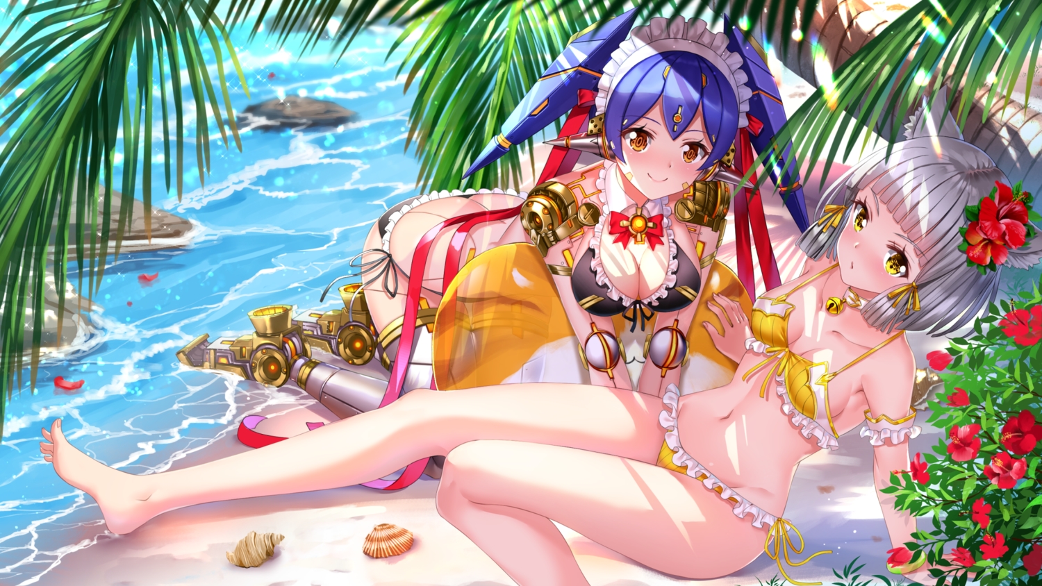 2girls, animal_ears, ass, barefoot, bell, bikini, blue_hair, breasts