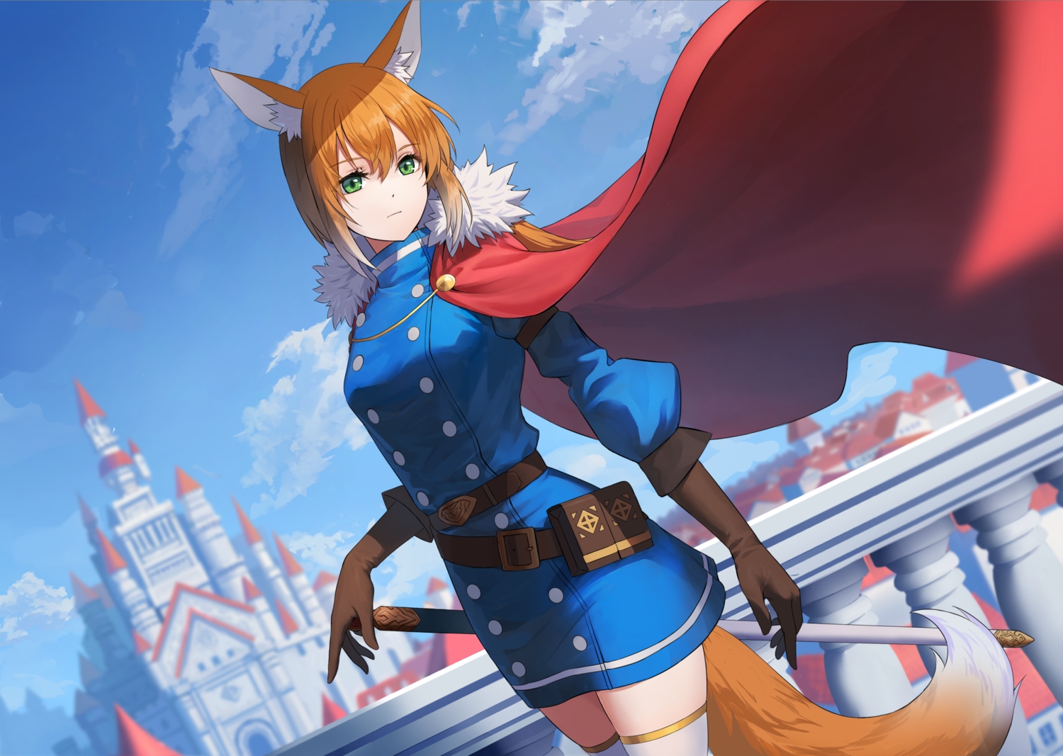 animal_ears, building, cape, city, clouds, elbow_gloves, foxgirl, gloves