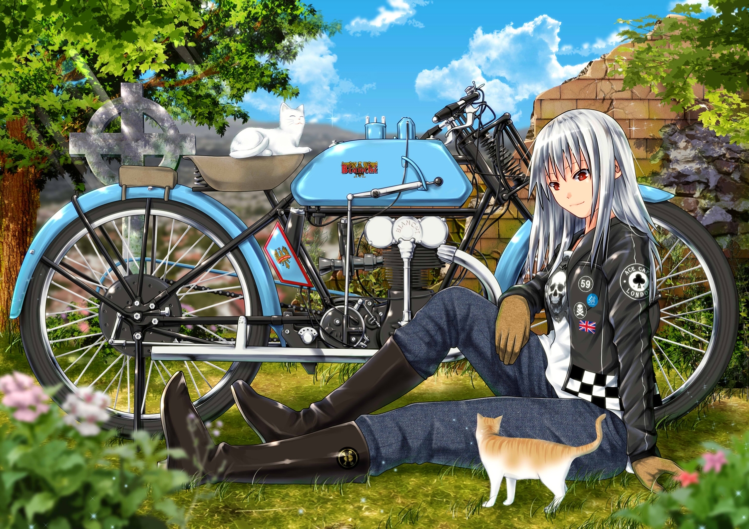 animal, ano_hito, boots, cat, clouds, cross, gloves, grass