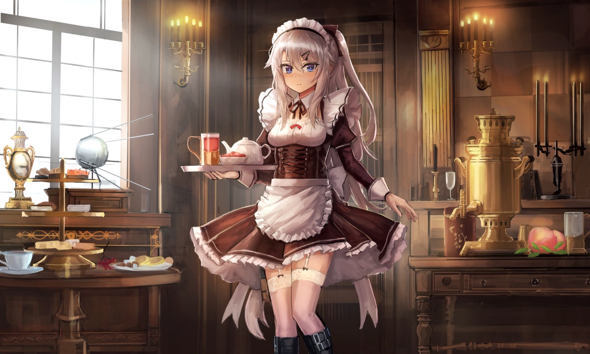 9a-91_(girls_frontline), anthropomorphism, apron, blue_eyes, boots, drink, garter_belt, girls_frontline, gray_hair, headdress, lithium10mg, long_hair, maid, ponytail, stockings, thighhighs