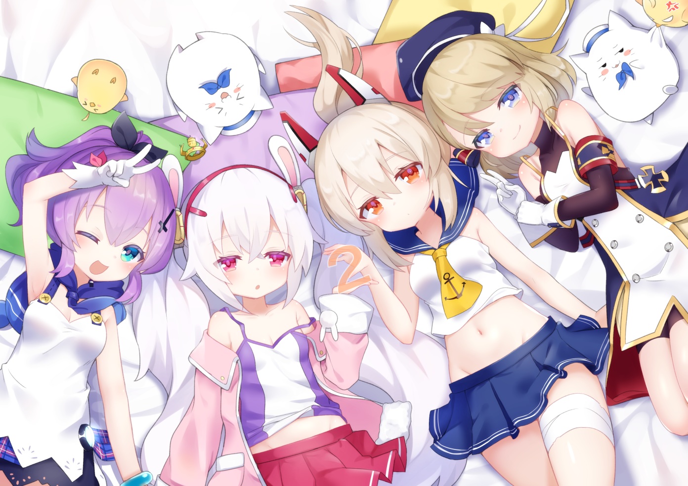 animal, anthropomorphism, ayanami_(azur_lane), azur_lane, bird, blonde_hair, blue_eyes, group