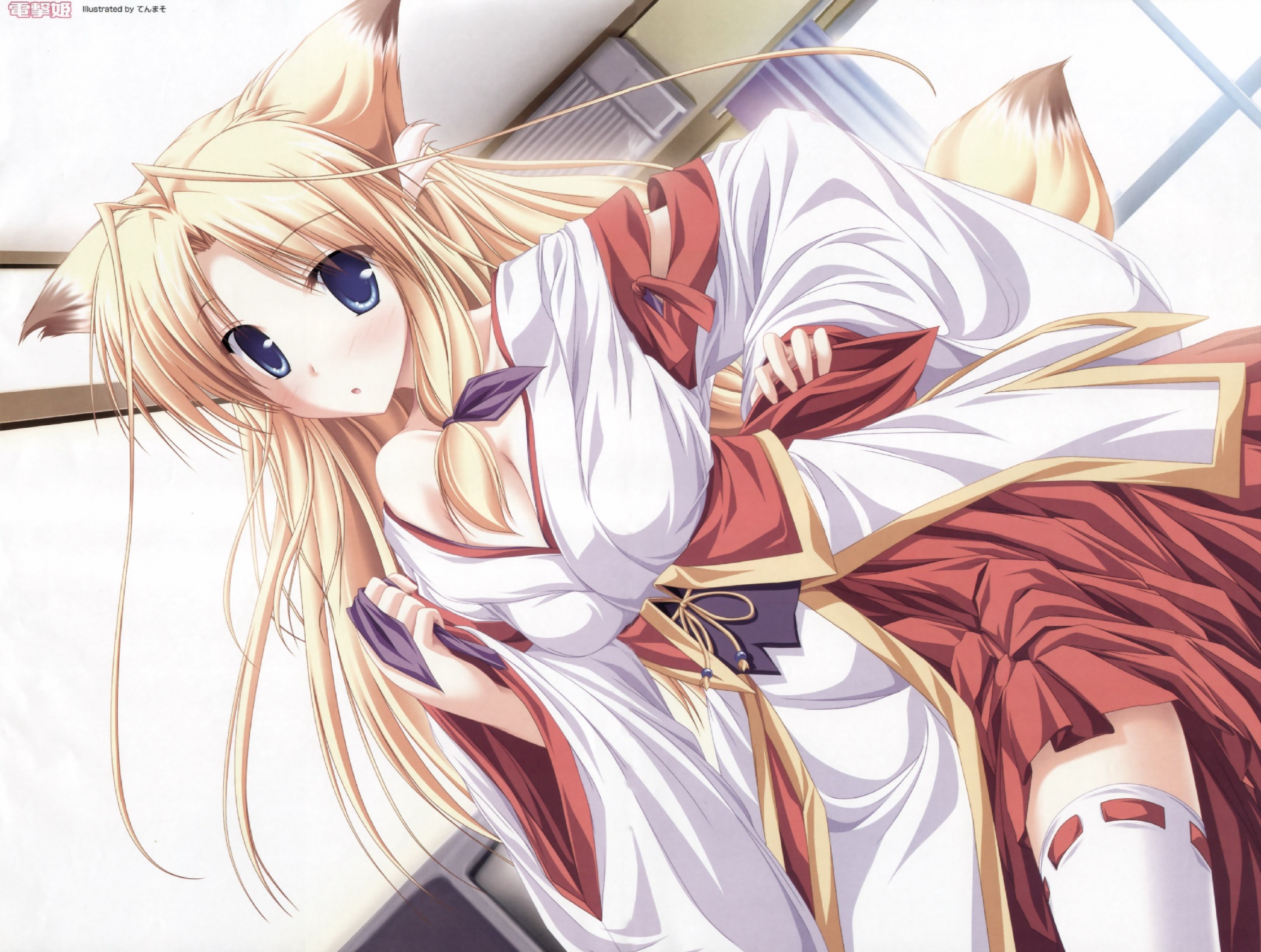 animal_ears, blonde_hair, blue_eyes, foxgirl, inakoi, kamishiro_mutsuki, thighhighs, whirlpool