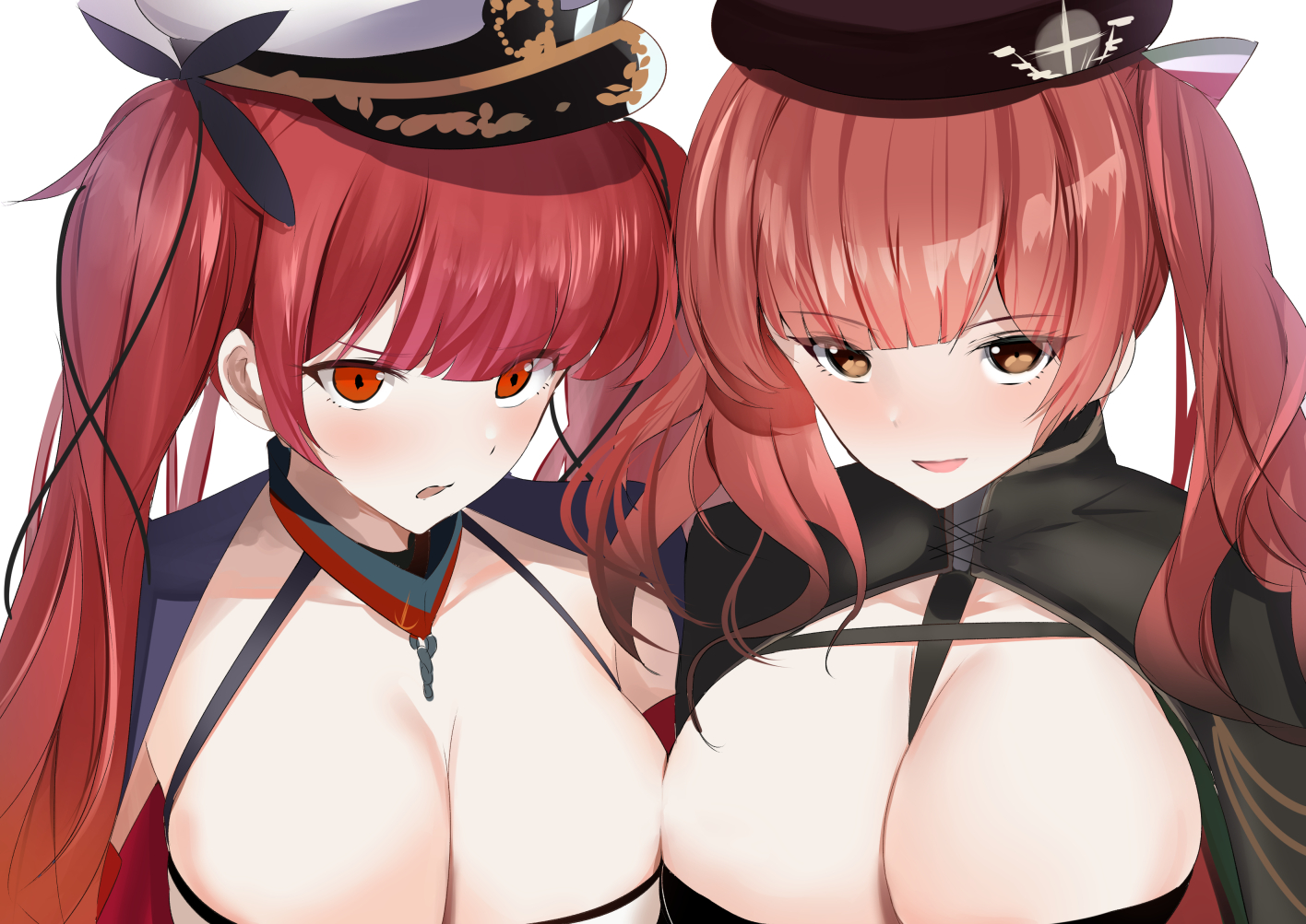 2girls, anthropomorphism, azur_lane, breasts, brown_eyes, cape, cleavage, close