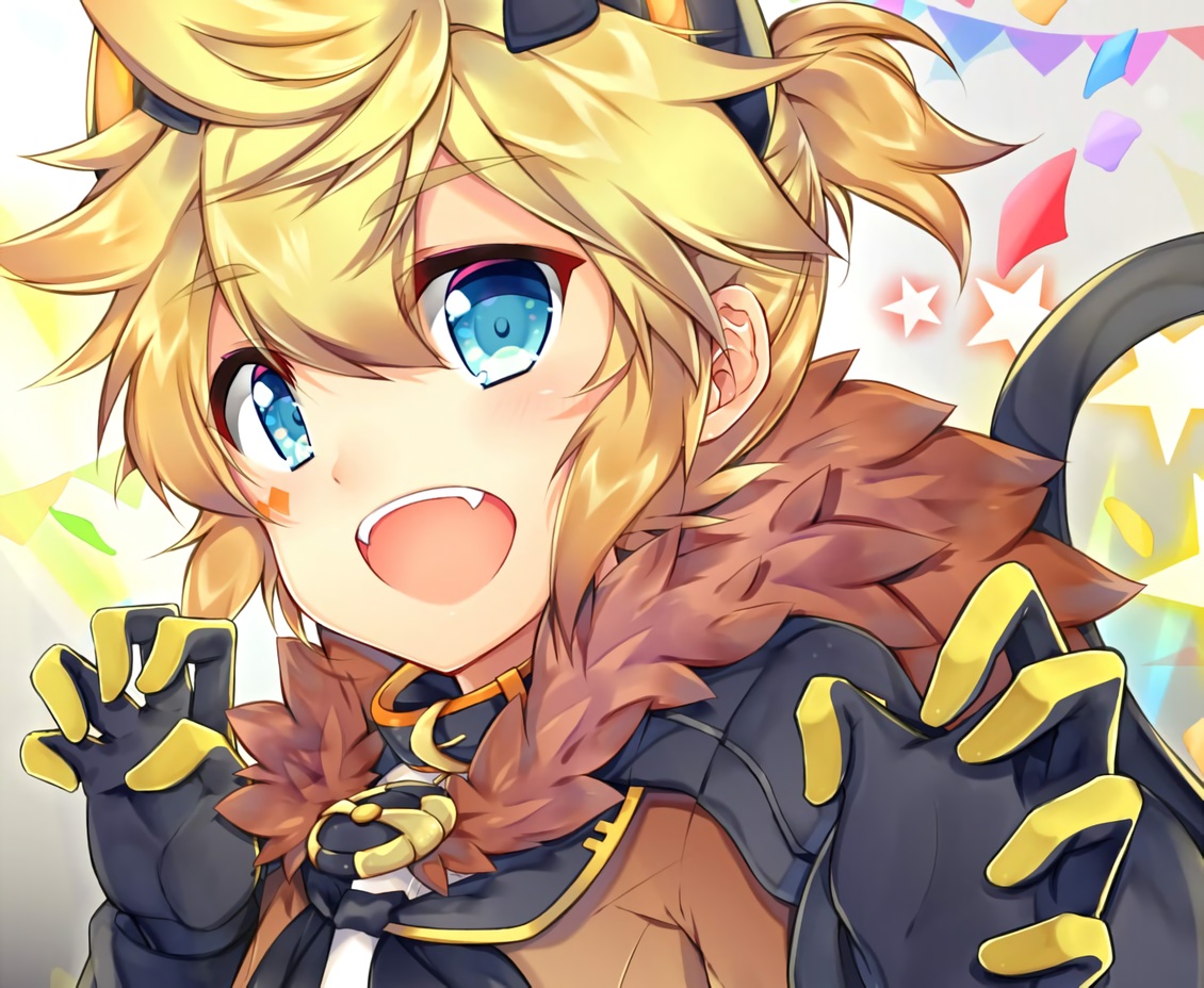 all_male, animal_ears, aqua_eyes, blonde_hair, catboy, close, cropped, fang