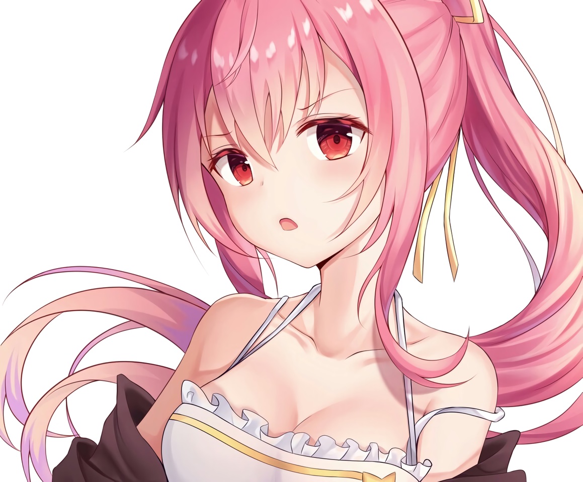angel_no_shousou, breasts, cleavage, close, cropped, long_hair, original, pink_hair, ponytail, red_eyes, ribbons, waifu2x, white