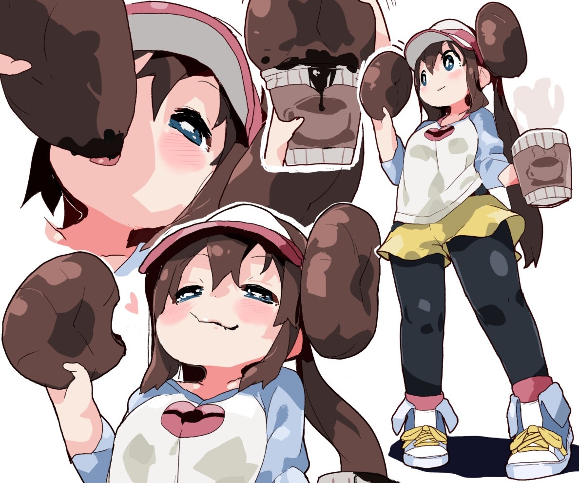 blue_eyes, blush, brown_hair, cropped, drink, food, hat, long_hair, mei_(pokemon), mossgreen, pantyhose, pokemon, shorts, twintails