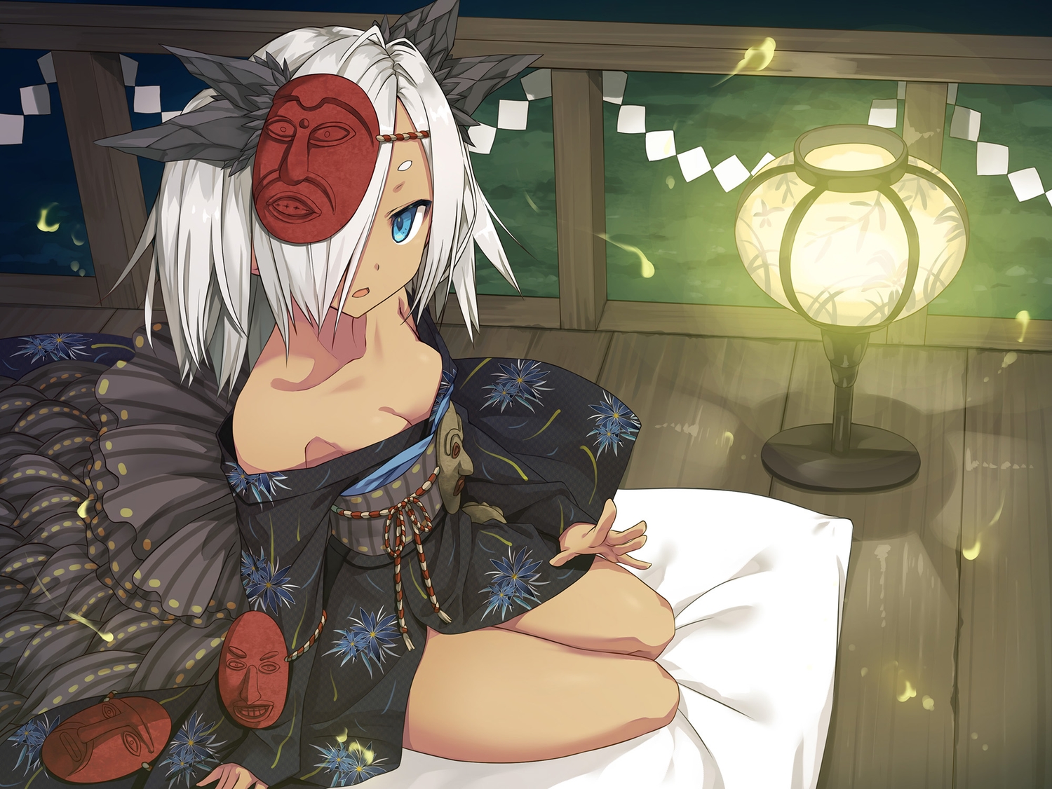 aqua_eyes, ayakashi_kyoushuutan, breasts, cleavage, cura, dark_skin, horns, japanese_clothes, kimono, lose, mask, monobeno, nanatsurao, night, short_hair, white_hair