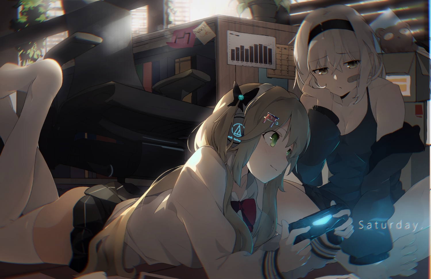 2girls, bandaid, bow, brown_hair, game_console, green_eyes, headphones, long_hair, marcellokito!, school_uniform, skirt, tagme_(character), thighhighs
