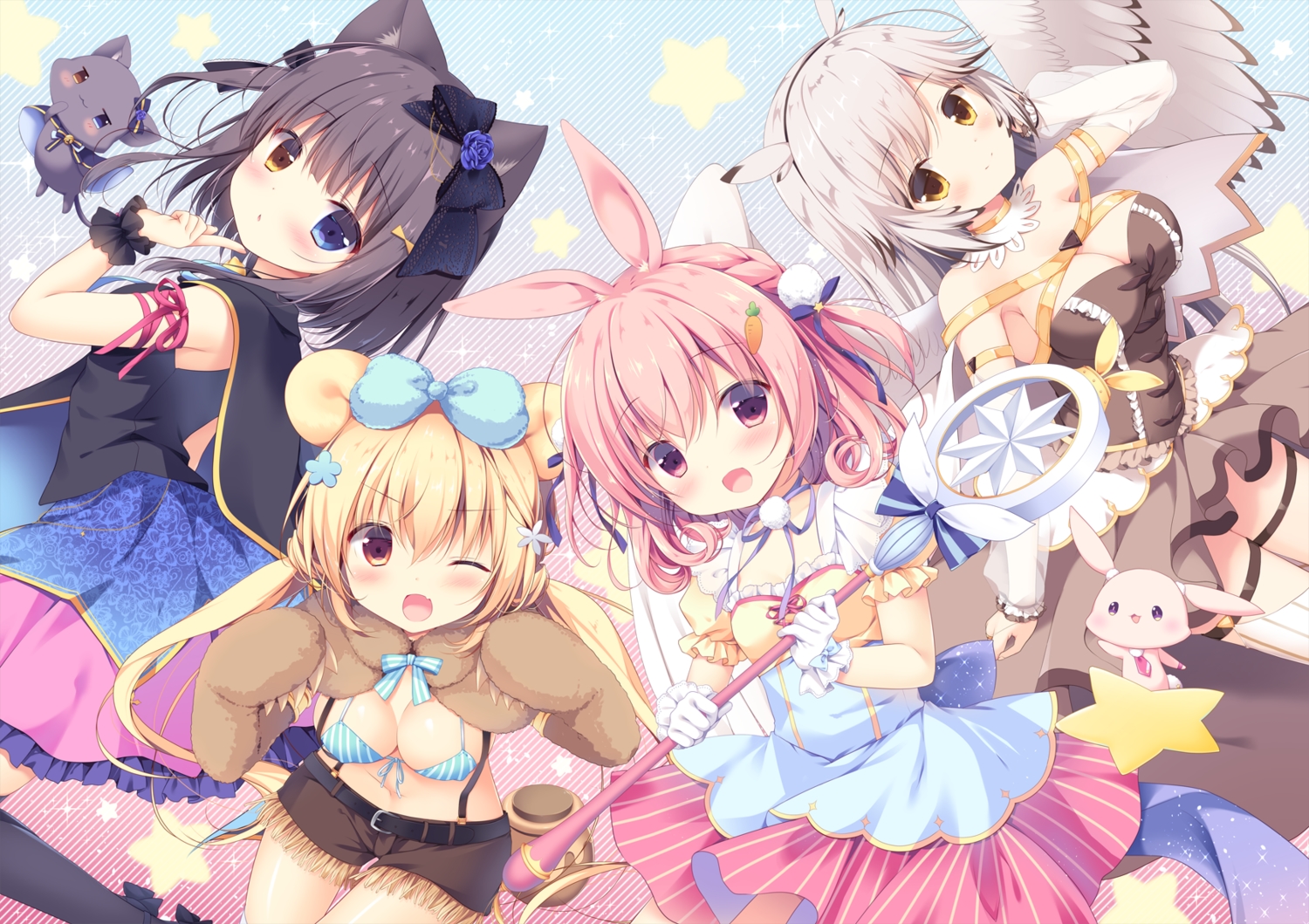 animal_ears, animal_panic, bicolored_eyes, bikini_top, breasts, bunny_ears, bunnygirl, catgirl, cleavage, dress, kisaki_shiori, minazuki_rune, miyasaka_miyu, miyasaka_nako, morino_hanata, shirafuji_yuna, thighhighs, wings