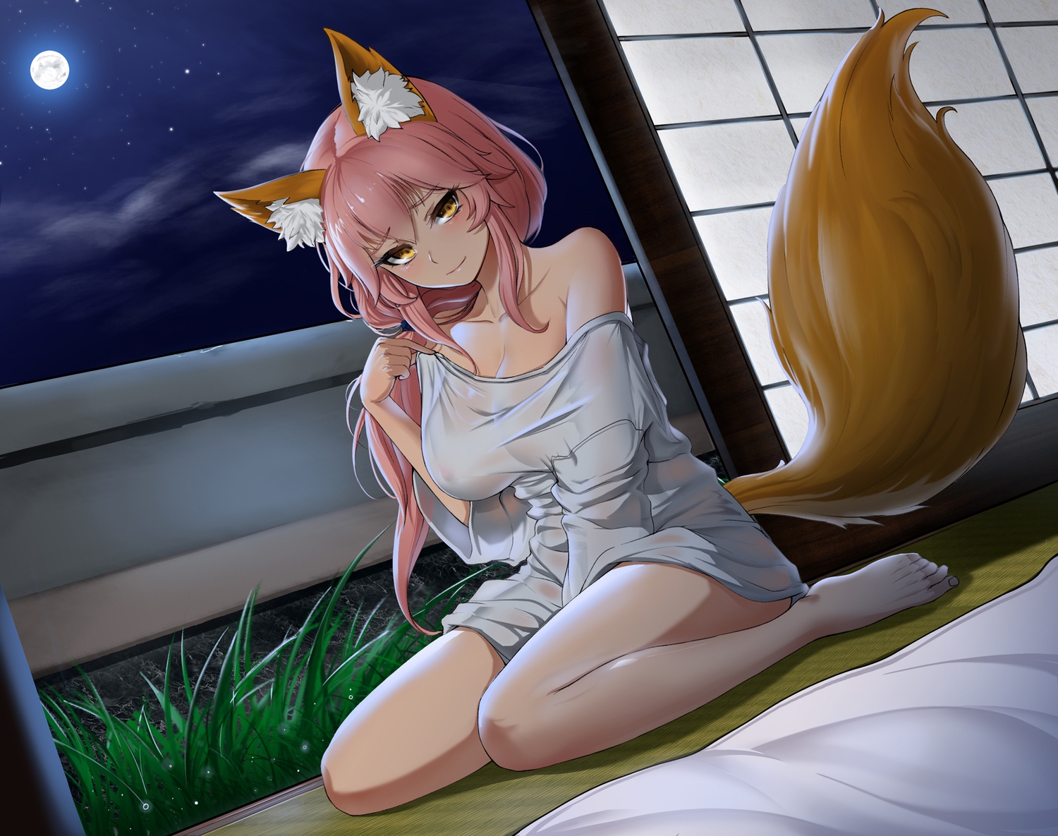 animal_ears, barefoot, bed, breasts, cleavage, clouds, erect_nipples, fate/grand_order, fate_(series), foxgirl, grass, long_hair, mingakk, moon, night, pink_hair, ponytail, stars, tail, tamamo_no_mae_(fate), yellow_eyes