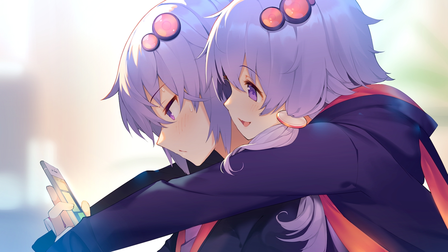 blush, close, hood, hug, long_hair, male, original, phone, purple_eyes, purple_hair, shirinda_fureiru, short_hair, twins, vocaloid, voiceroid, yuzuki_yukari, yuzuki_yukari's_younger_twin_brother