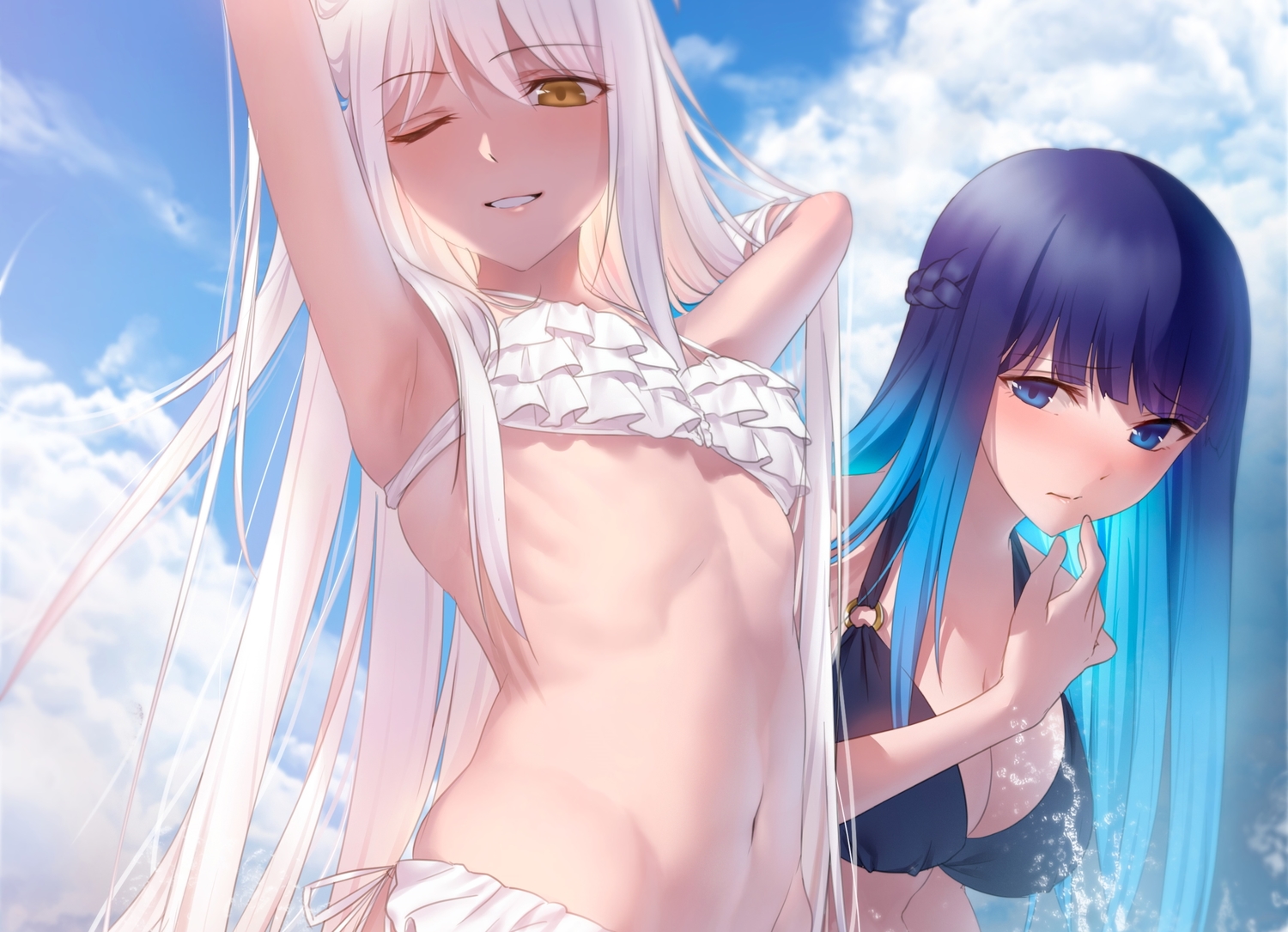 2girls, asaba0327, bikini, blue_eyes, blue_hair, breasts, cleavage, long_hair, navel, orange_eyes, original, swimsuit, white_hair
