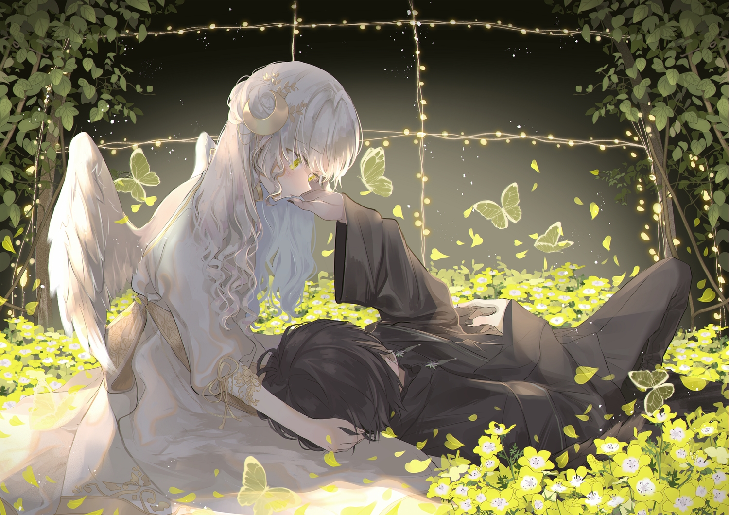 black_hair, butterfly, dress, flowers, green, male, original, purimo_(xxxmofmof), short_hair, white_hair, wings, yellow_eyes