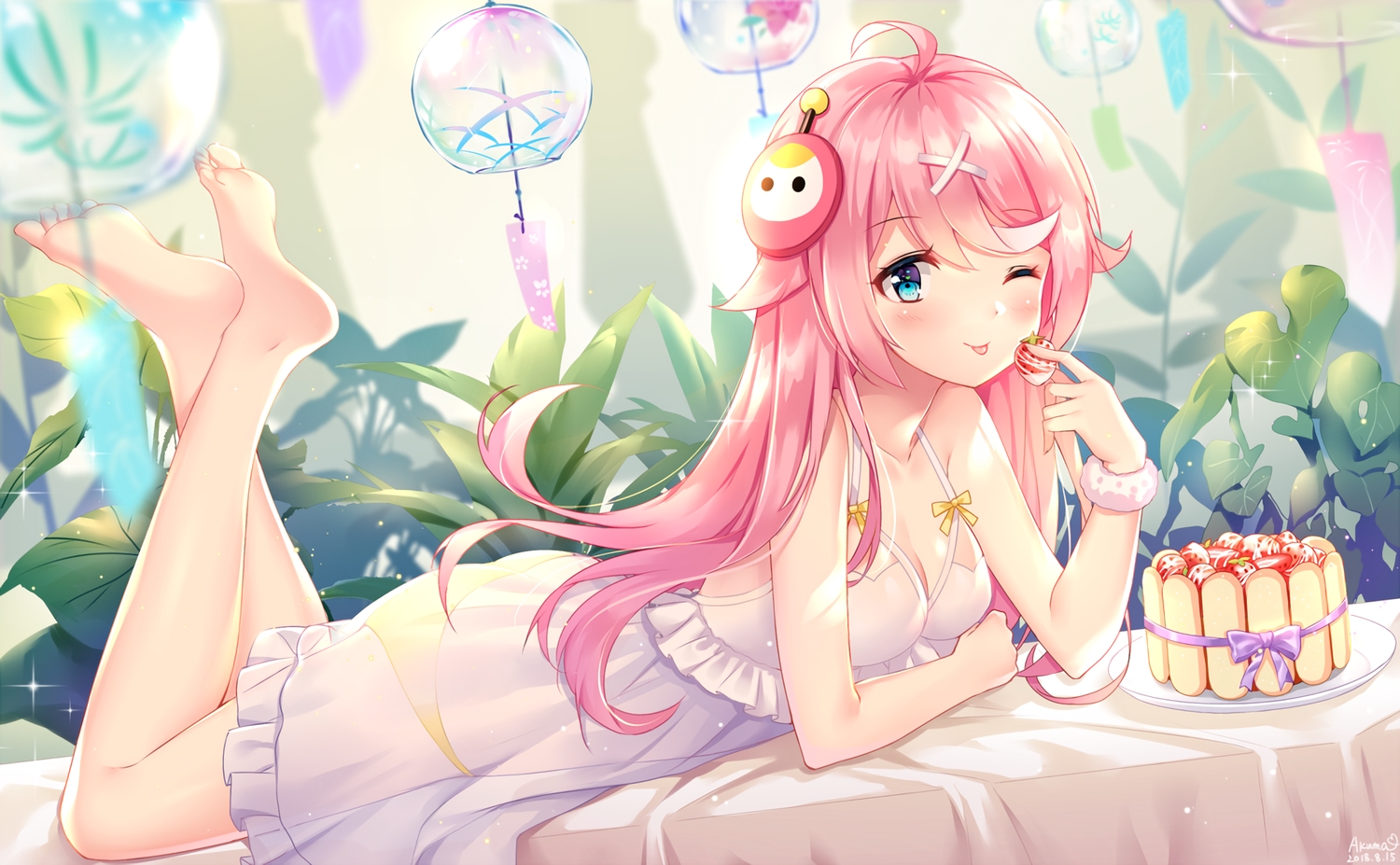 aqua_eyes, barefoot, breasts, cake, cleavage, food, fruit, ju_topia