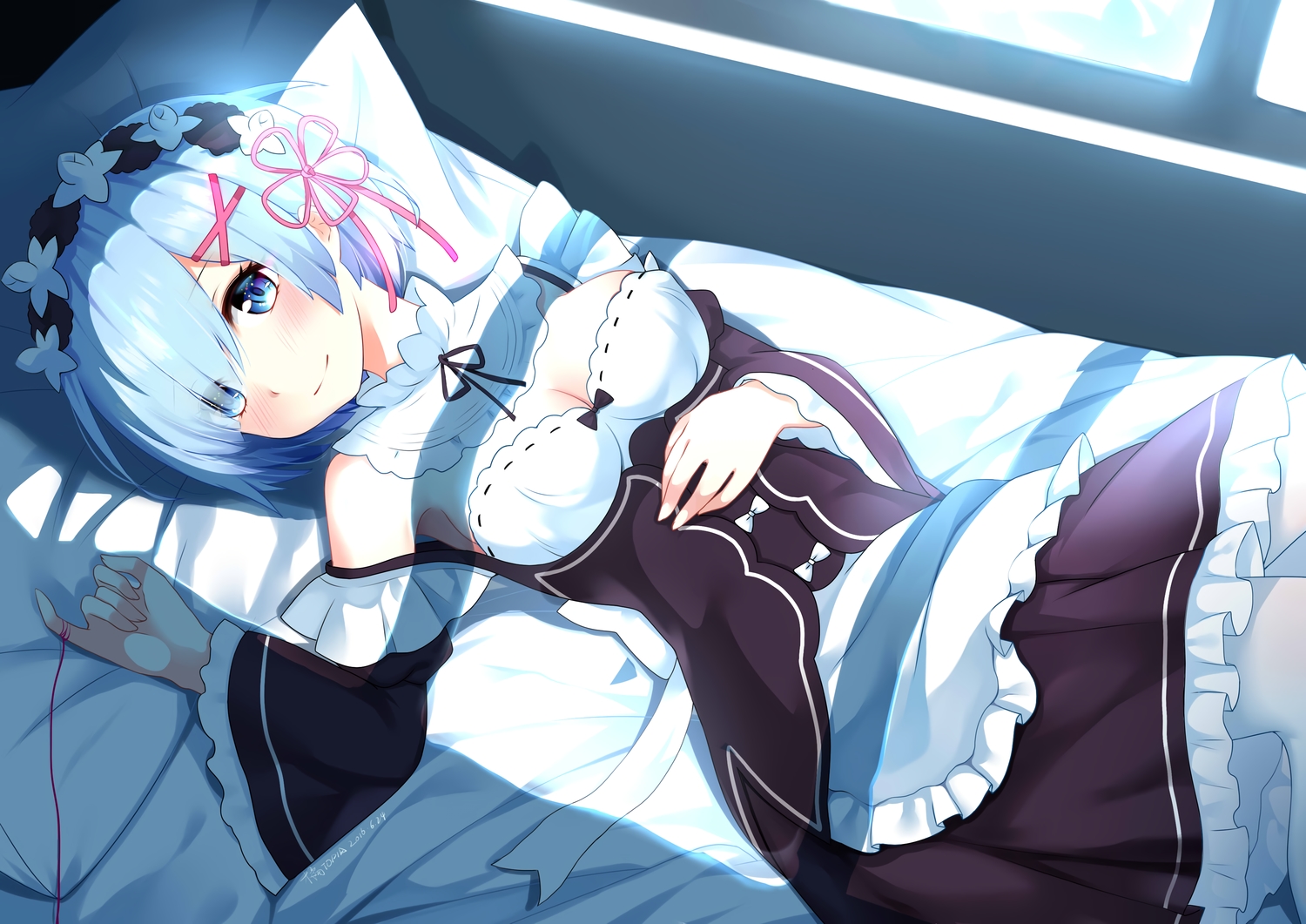 bed, blue_eyes, blue_hair, breasts, cleavage, headband, ju_topia, maid, rem_(re:zero), re:zero_kara_hajimeru_isekai_seikatsu