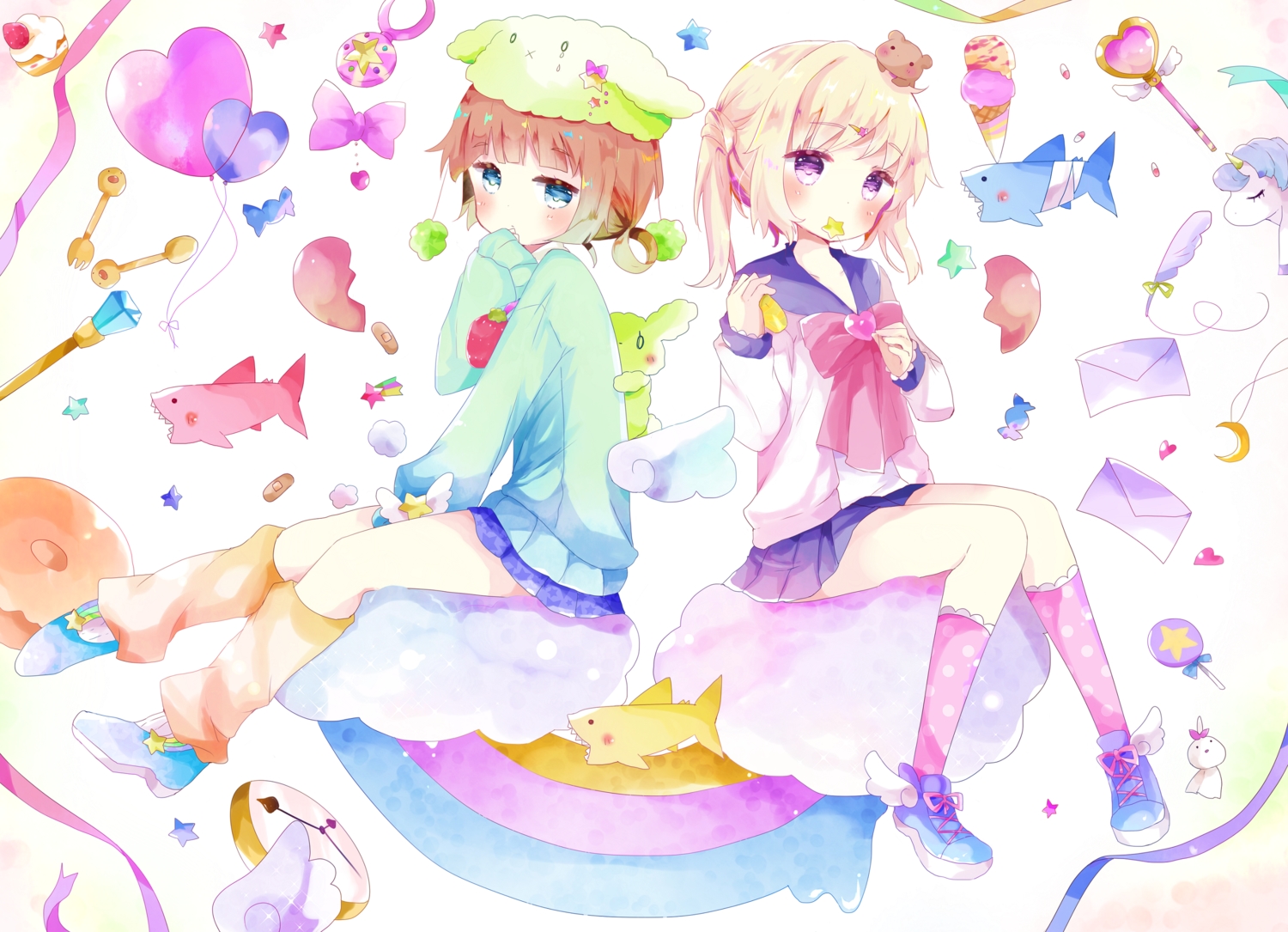 2girls, animal, blonde_hair, blue_eyes, blush, bow, brown_hair, candy