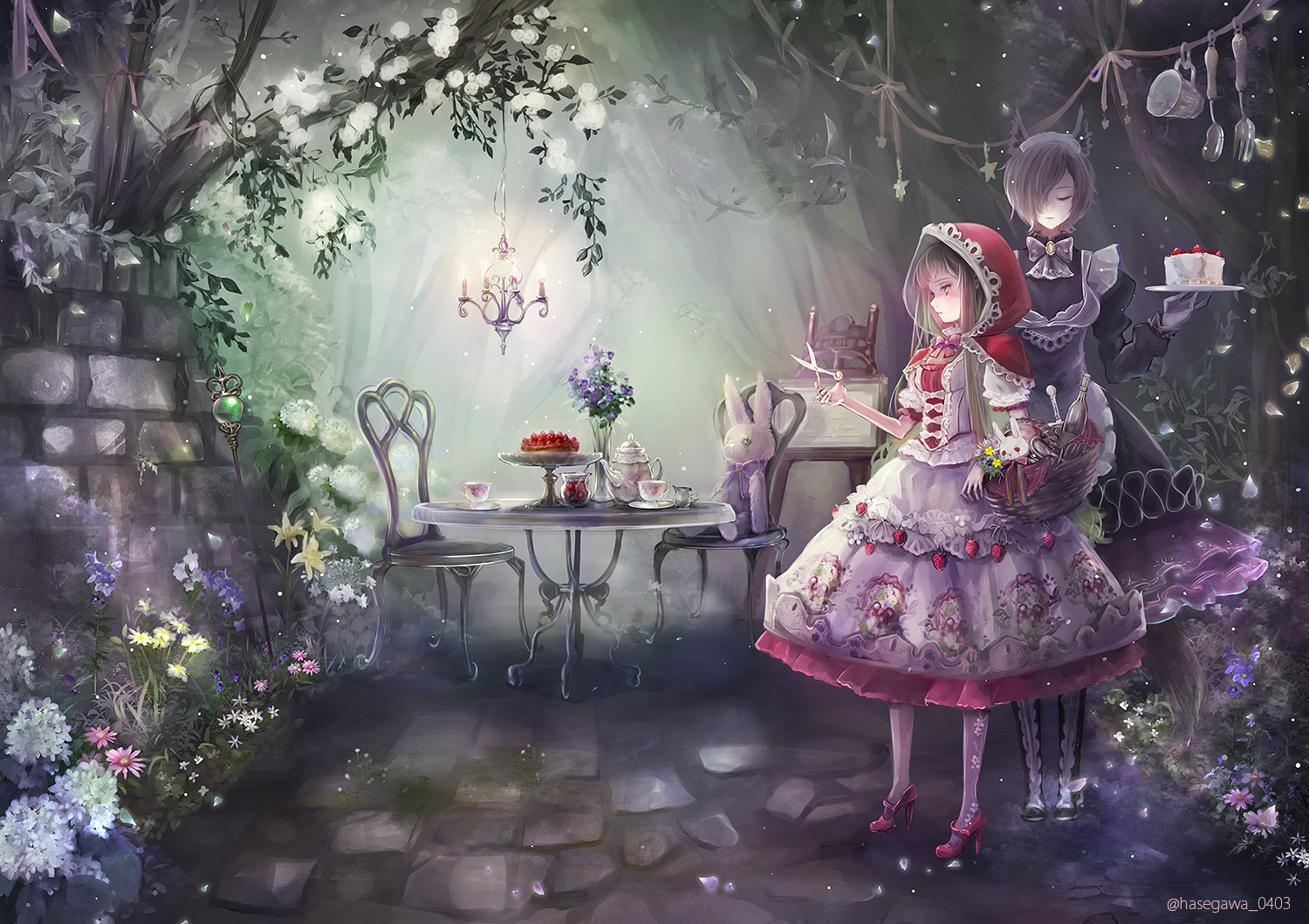 2girls, animal_ears, anthropomorphism, big_bad_wolf, brown_hair, bunny, cake, dress