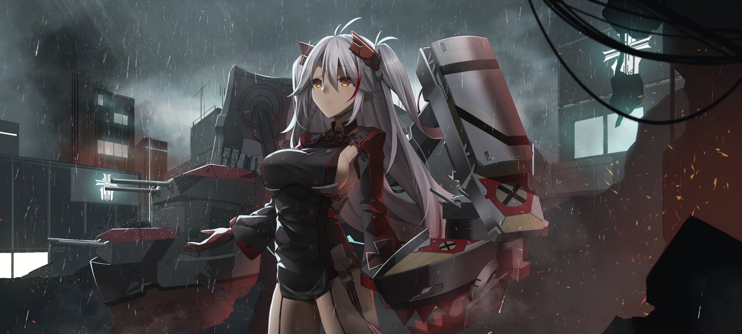anthropomorphism, ashisi, azur_lane, breasts, building, city, long_hair, orange_eyes, prinz_eugen_(azur_lane), rain, sideboob, uniform, water, weapon, white_hair