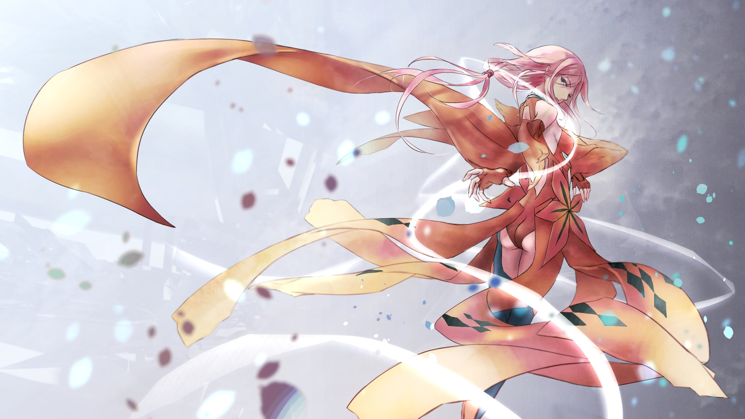 ass, elbow_gloves, gloves, guilty_crown, long_hair, pink_hair, tanikku, twintails