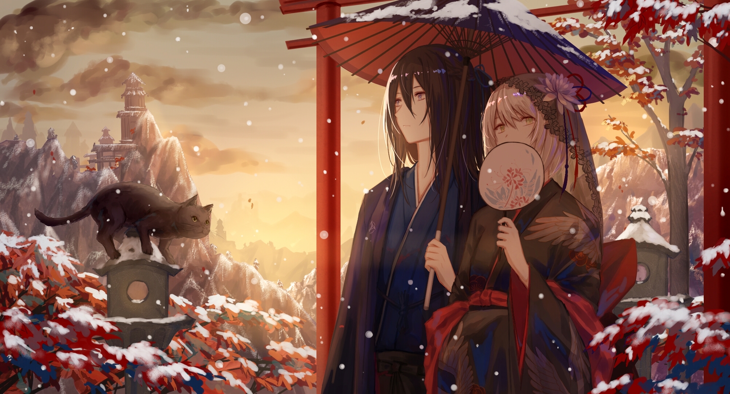 japanese_clothes, leaves, long_hair, original, snow, umbrella, xing_muhen