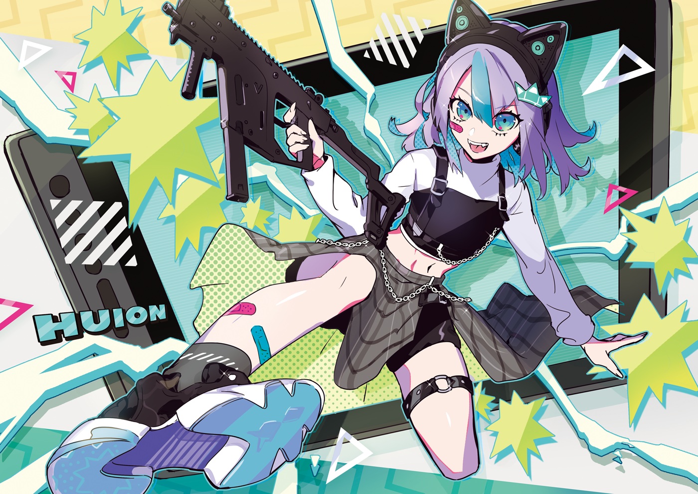 bandaid, gun, huion, navel, original, puppeteer7777, short_hair, weapon