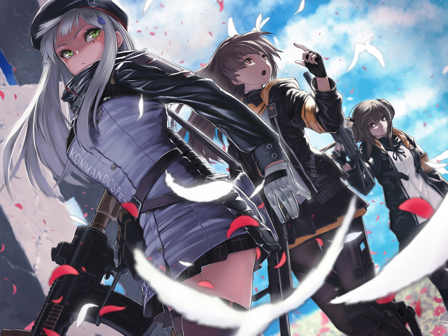 anthropomorphism, brown_hair, girls_frontline, gray_hair, green_eyes, gun, hat, hk416_(girls_frontline)