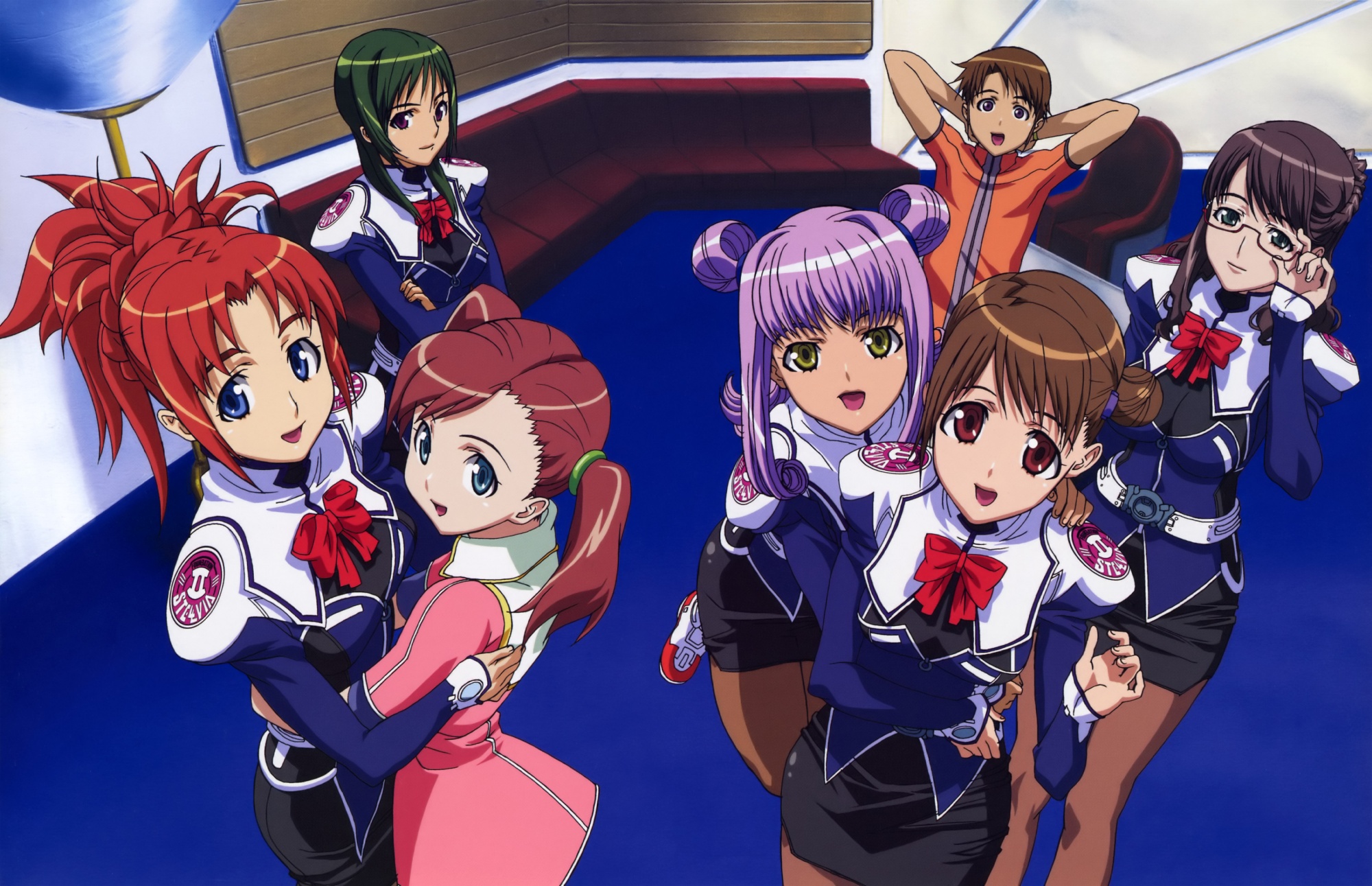 arisa_glennorth, blue_eyes, bow, brown_eyes, brown_hair, dress, fujisawa_yayoi, glasses, green_hair, katase_shima, kayama_akira, kazamatsuri_rinna, long_hair, mia_glennorth, pantyhose, purple_eyes, purple_hair, red_hair, ribbons, short_hair, twintails, uchuu_no_stellvia, uniform, yellow_eyes