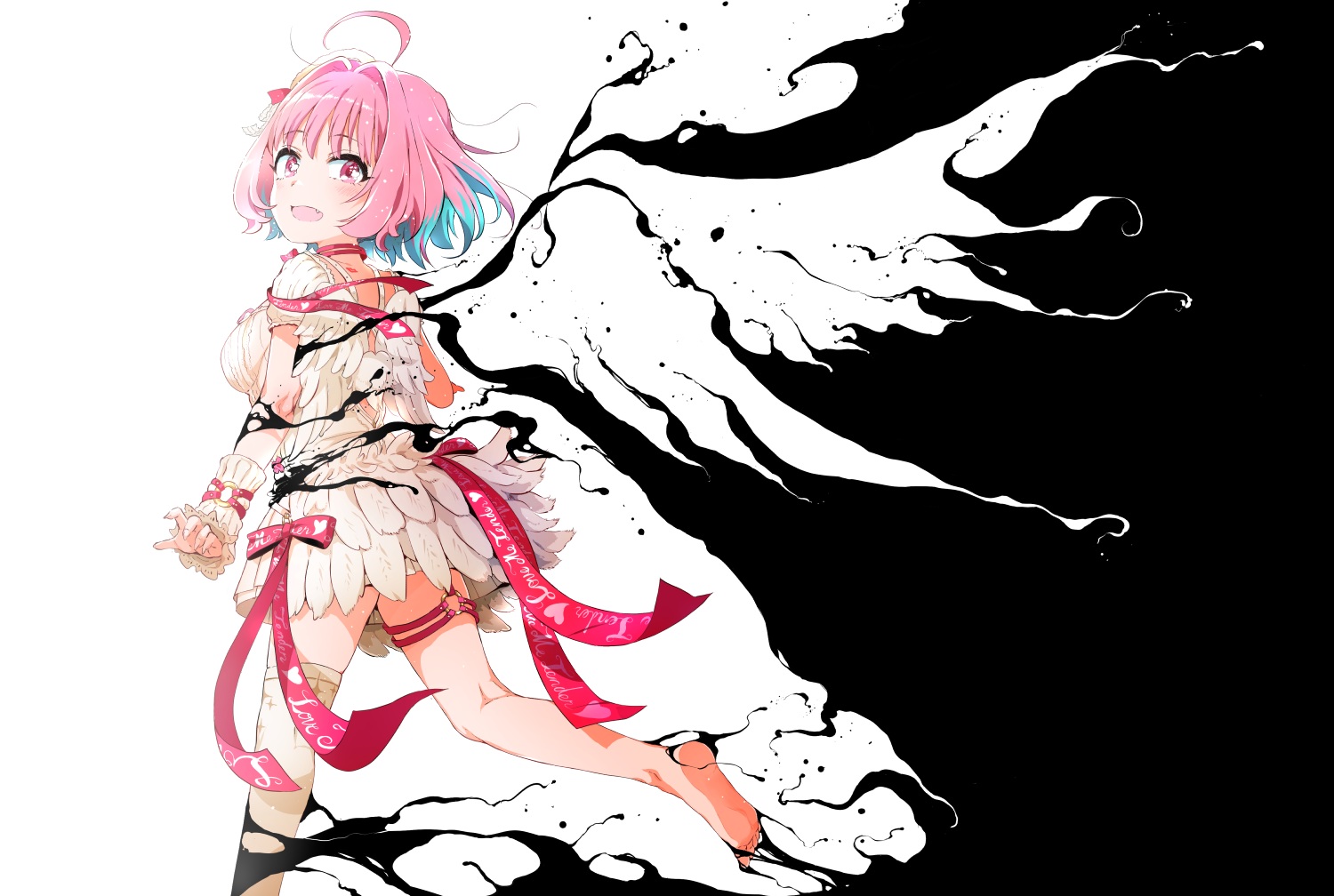 barefoot, bow, fang, gomennasai, idolmaster, idolmaster_cinderella_girls, pink_eyes, pink_hair