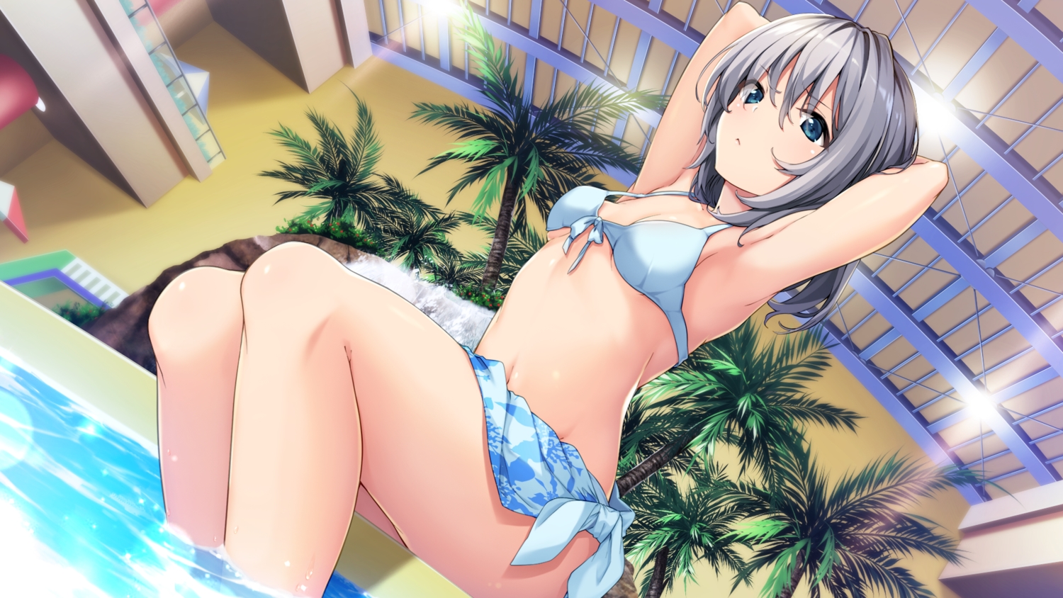 bikini, game_cg, gray_hair, green_eyes, onaji_class_no_idol-san, pool, sawayaka_samehada, sonora